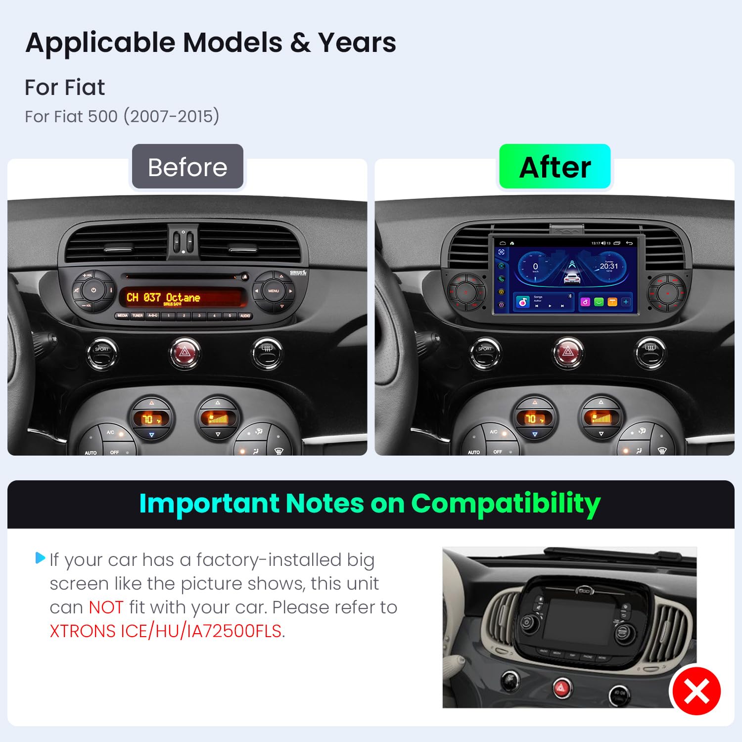 XTRONS 7" Android Fiat 500 Stereo Radio Player, 2+64GB HD Touch Screen Head Unit for Fiat 500 (2007-2015) Black w EQ DSP Dual Band WiFi Wireless CarAutoPlay GPS Bluetooth Cooling System, Optional DAB+ — view 2