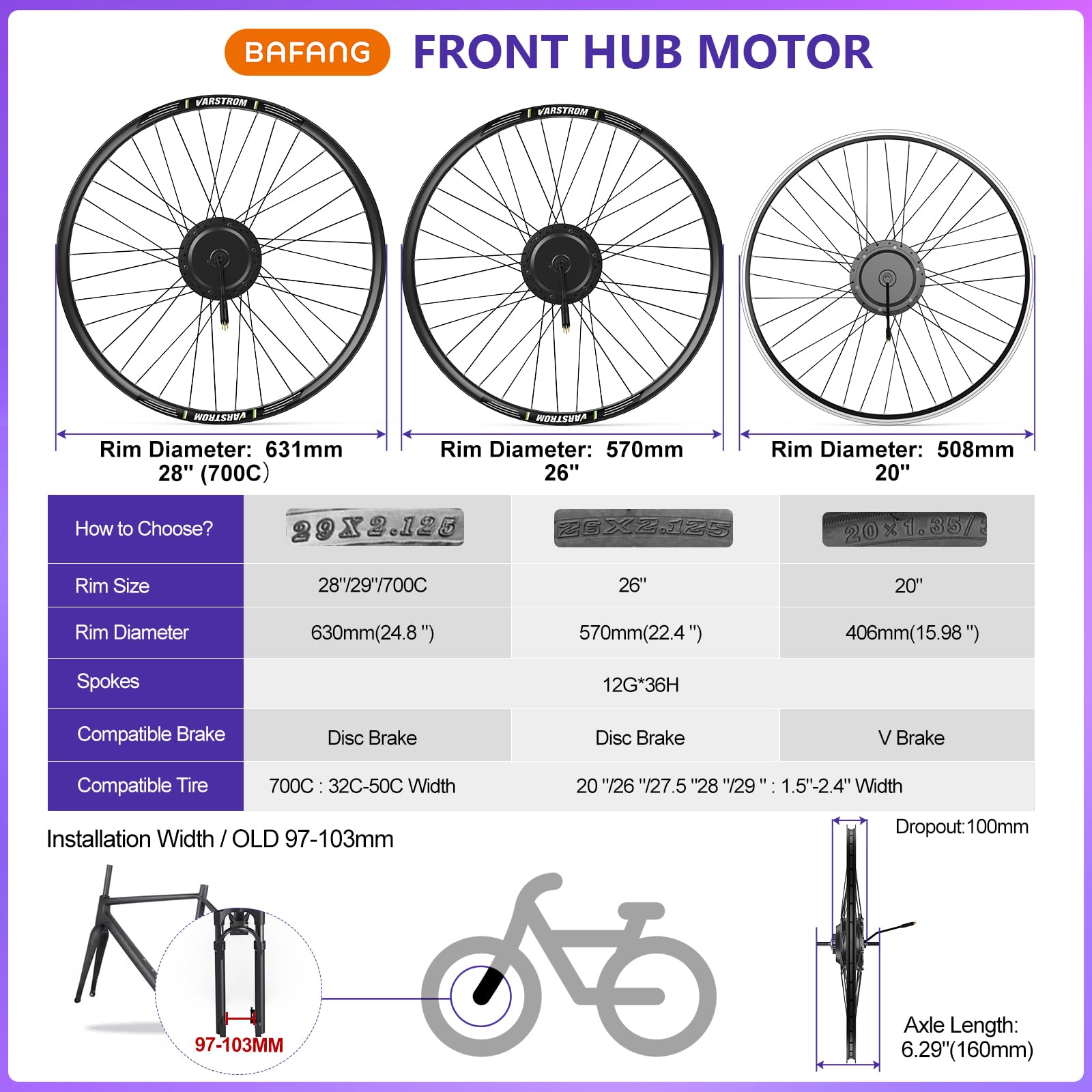 BAFANG 48V Kit Conversione Bici Elettrica G020 Motore Anteriore 20 26 29 | Kit Conversione E-Bike 28 Motore con Batteria e Display Opzionali - Motore Brushless per Bici City MTB con Dropout 97-103mm