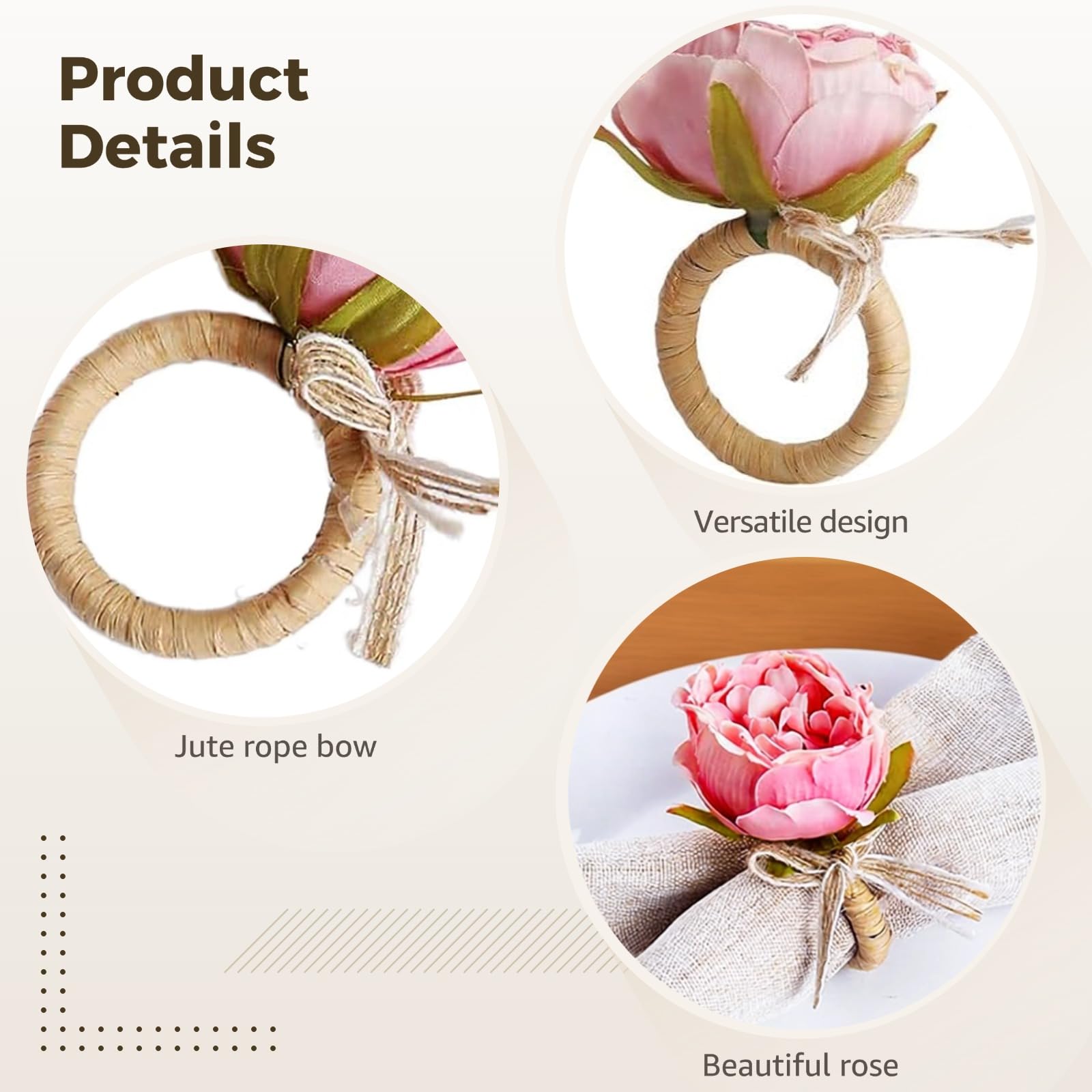 Lot de 8 Ronds de Serviette Fleur Rose, Porte Serviette en Corde de Chanvre avec nœud Fait Main, Style raffiné pour Noël, Thanksgiving, Automne, Mariage, fête, décoration de Table, Repas