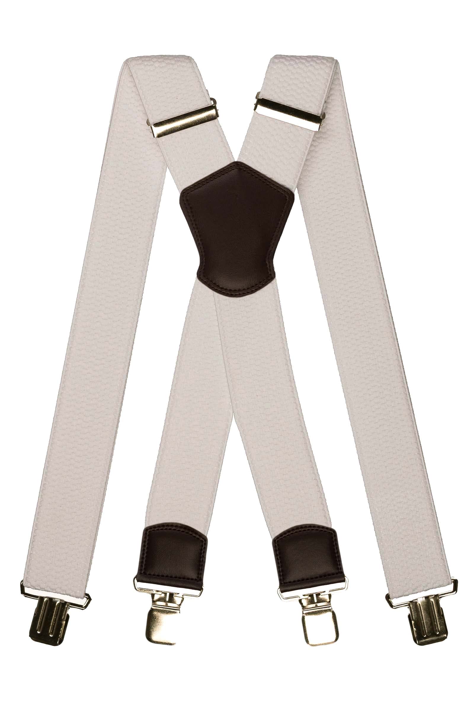 Olata Men's Multi Purpose Extra Wide X-Shape Braces/Suspenders with Leather Shield Centrepiece - 5cm. White (Silver Clips)