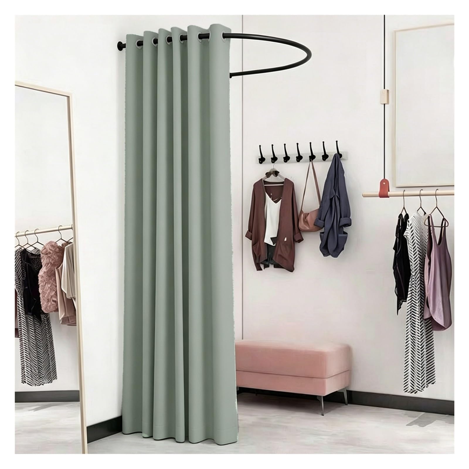 ZJKXJH U Shaped Fitting Room Curtain Rod with Blackout Curtain, Wall-mounted Changing Curtains for Small Spaces, Privacy Partition for Room Divider(Black Rod+Green Curtain,110cm/43.3in)