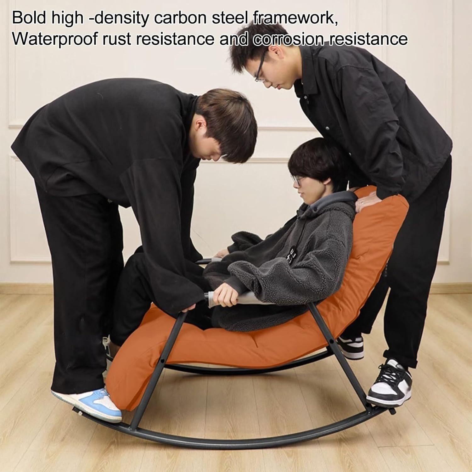 Modern High Back Rocking Chair for Living Room & Bedroom, 440Lbs Capacity Glider Armchair with Stylish Blue Fabric & Black Legs, Comfortable Rocker for Relaxation