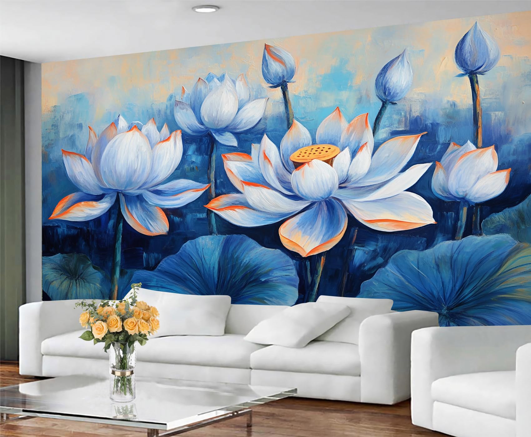 GIVLWF Lotus Large Mural & Home Decor, Vintage Floral Wallpaper for Living Room, Blue Flowers Bedroom Wall Paper, Non-Self-Adhesive, Murals for Walls — image 1