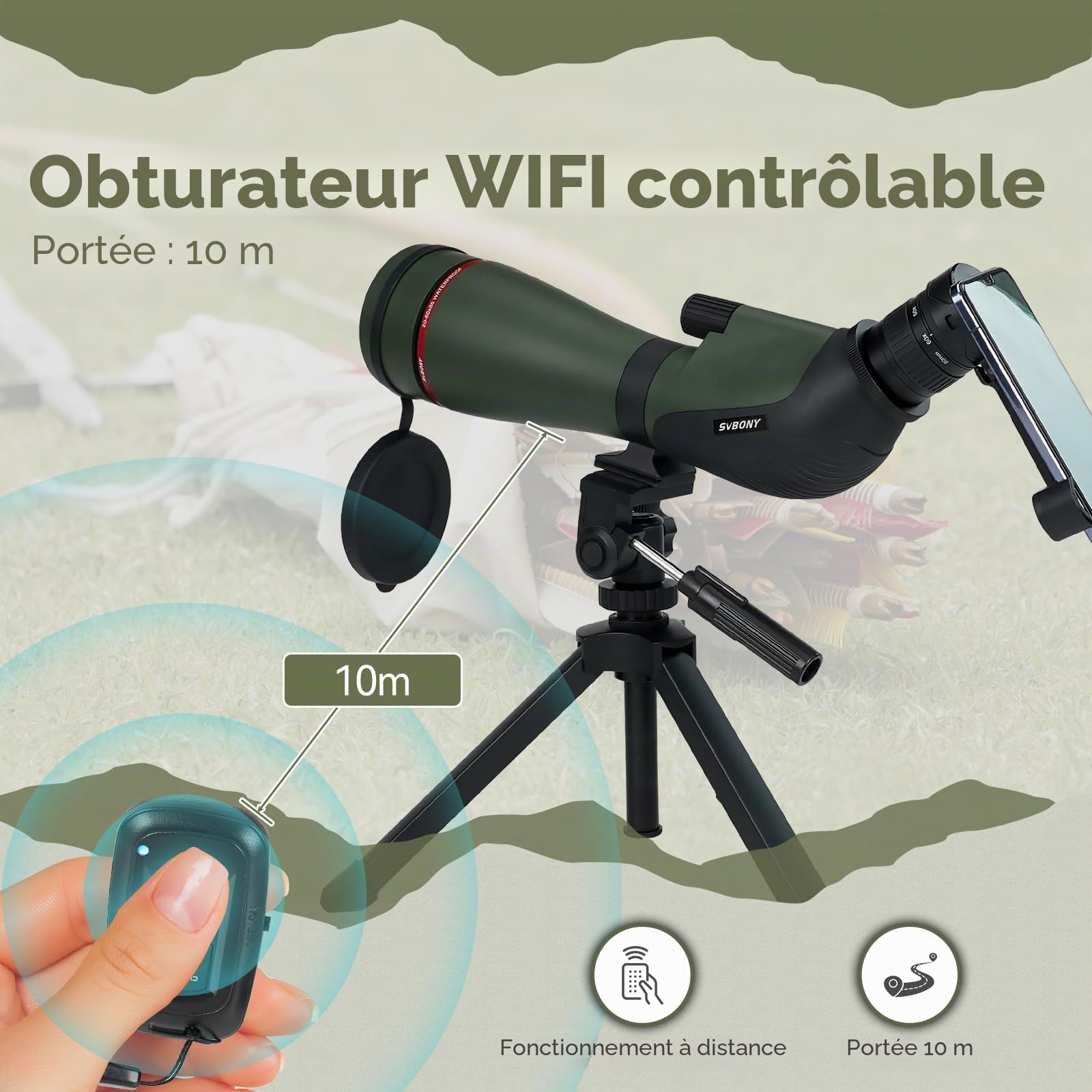 Svbony SA412 Longue-Vue 20-60x80mm, HD FMC Longue-Vue avec 1.25” Oculaire, avec SV146 Trépied de Bureau Ajustable Adaptateur de Téléphone Télécommande, pour Tir à la Cible Chasse