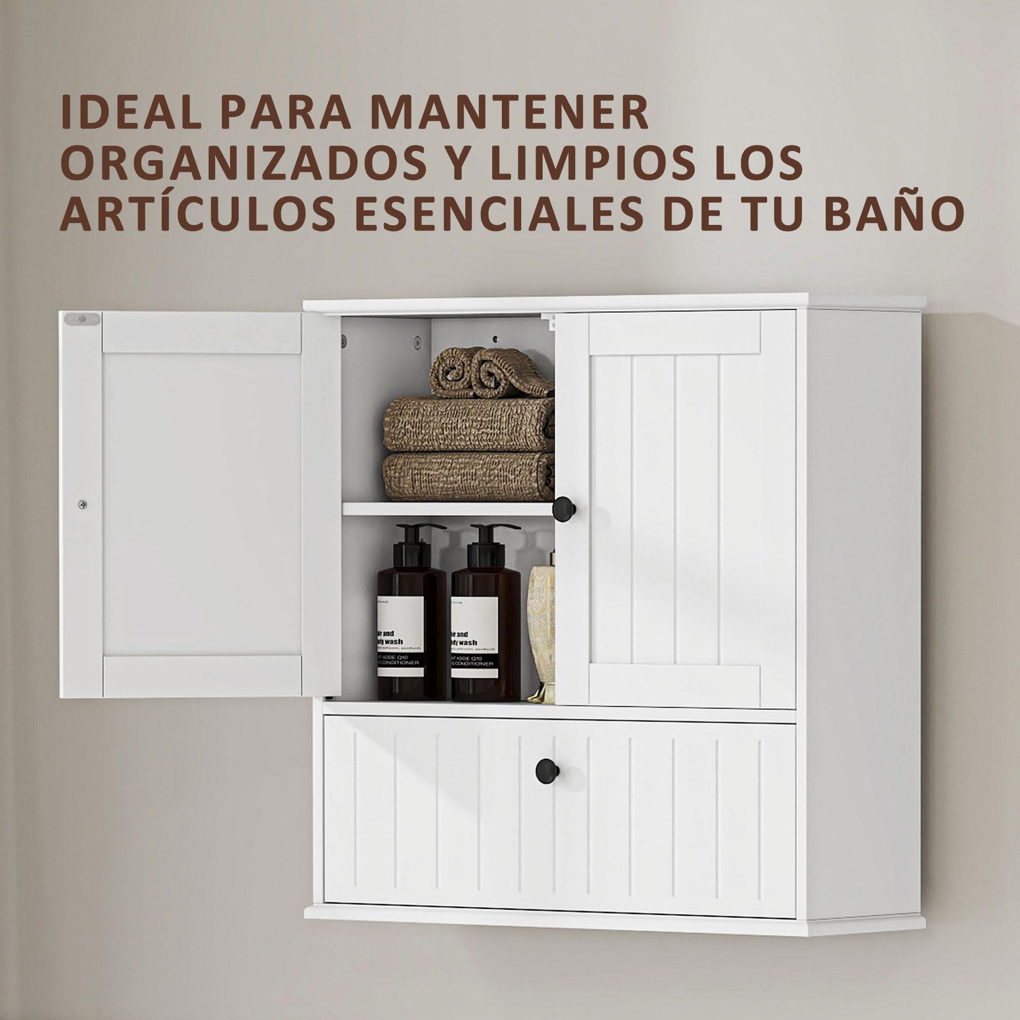 HOMCOM Armario de Baño de Pared, Estante Ajustable, Doble Puerta, Blanco | Mueble de Baño Colgar Rústico, Puerta Abatible, Cierre Magnético, para Cocina, Lavadero, sobre el Inodoro