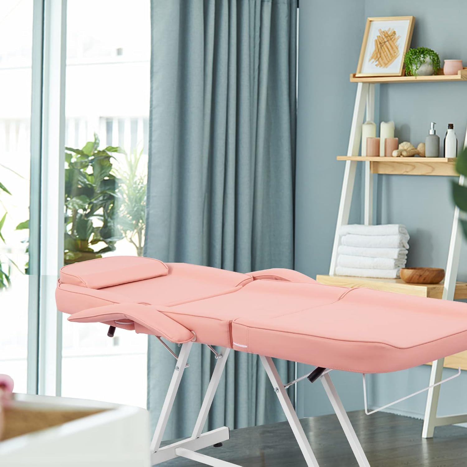 LEADZM Table de Massage Pliante Professionnelle avec Tabouret à roulettes Legere Aluminium Housse Table Massage Lit Cosmétique Massage 3 Sections Portable Ergonomique (Rose)