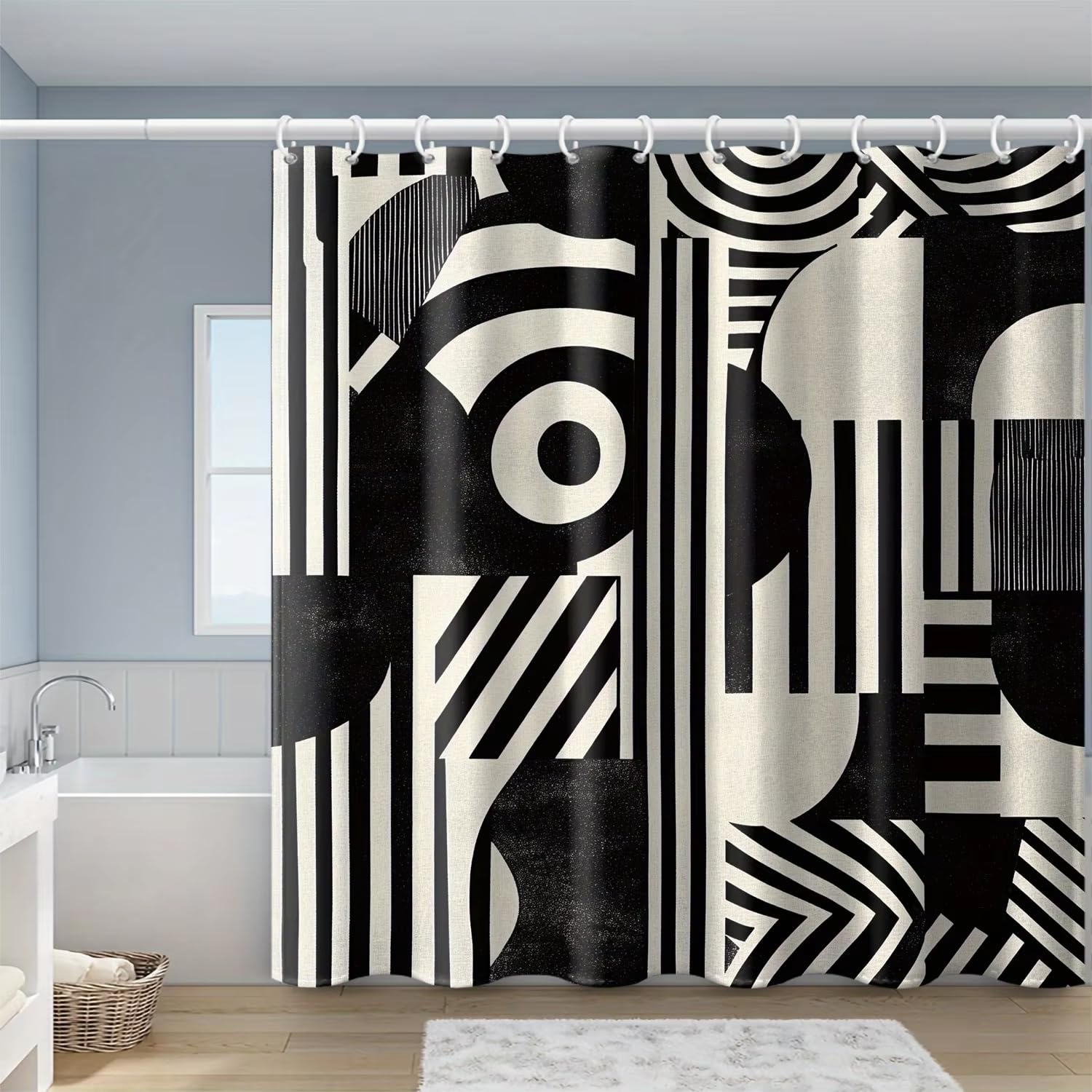 IHHGNB Black and White Geometric Shower Curtain Waterproof Fabric Bathroom Curtains Abstract Lines Bath Screen Divider Decor(200x200cm(79x79in)
