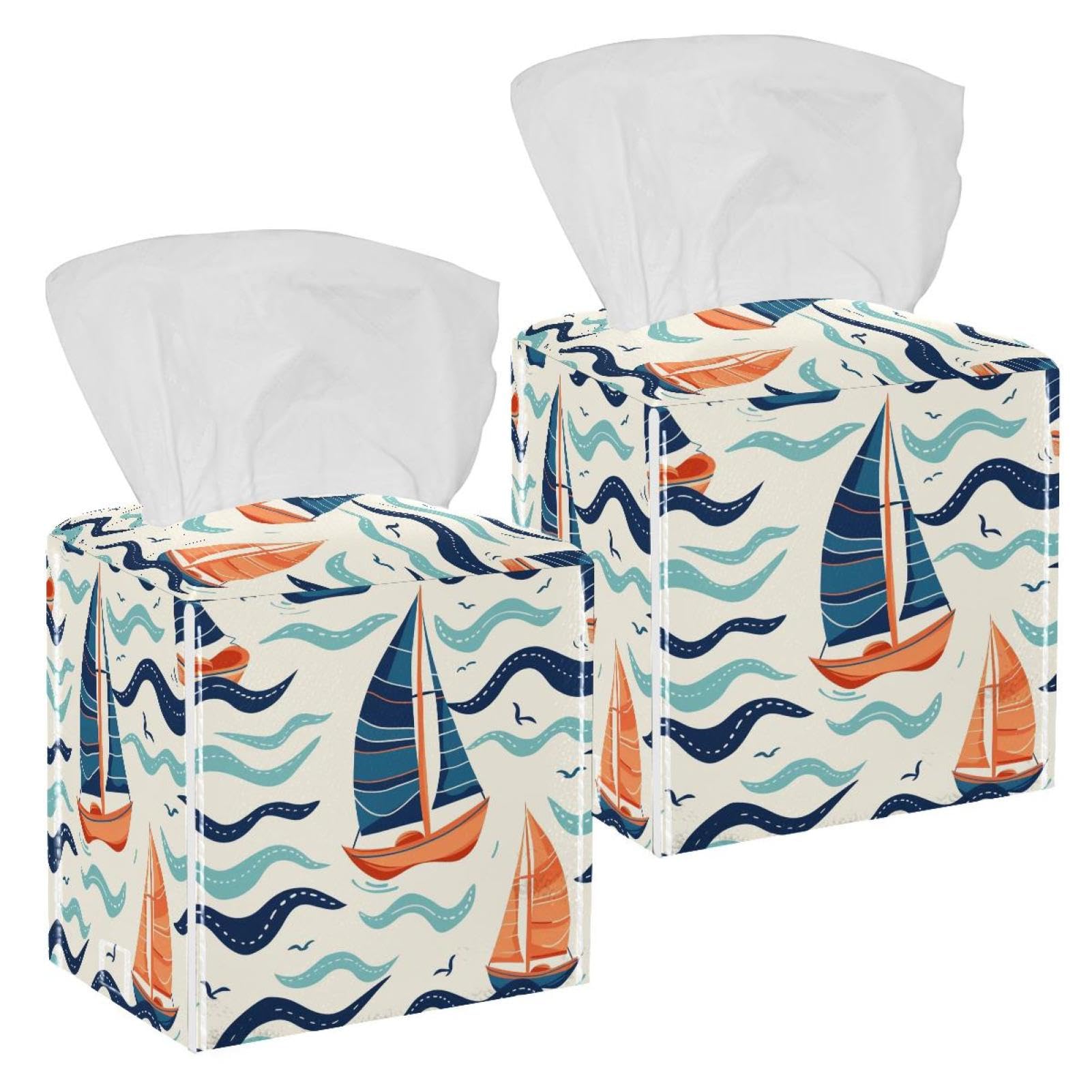 Wave Sailing Boat Tissue Box Cover, 2 Pack PU Leather Square Facial Tissue Dispenser Box holder for Home Office Car