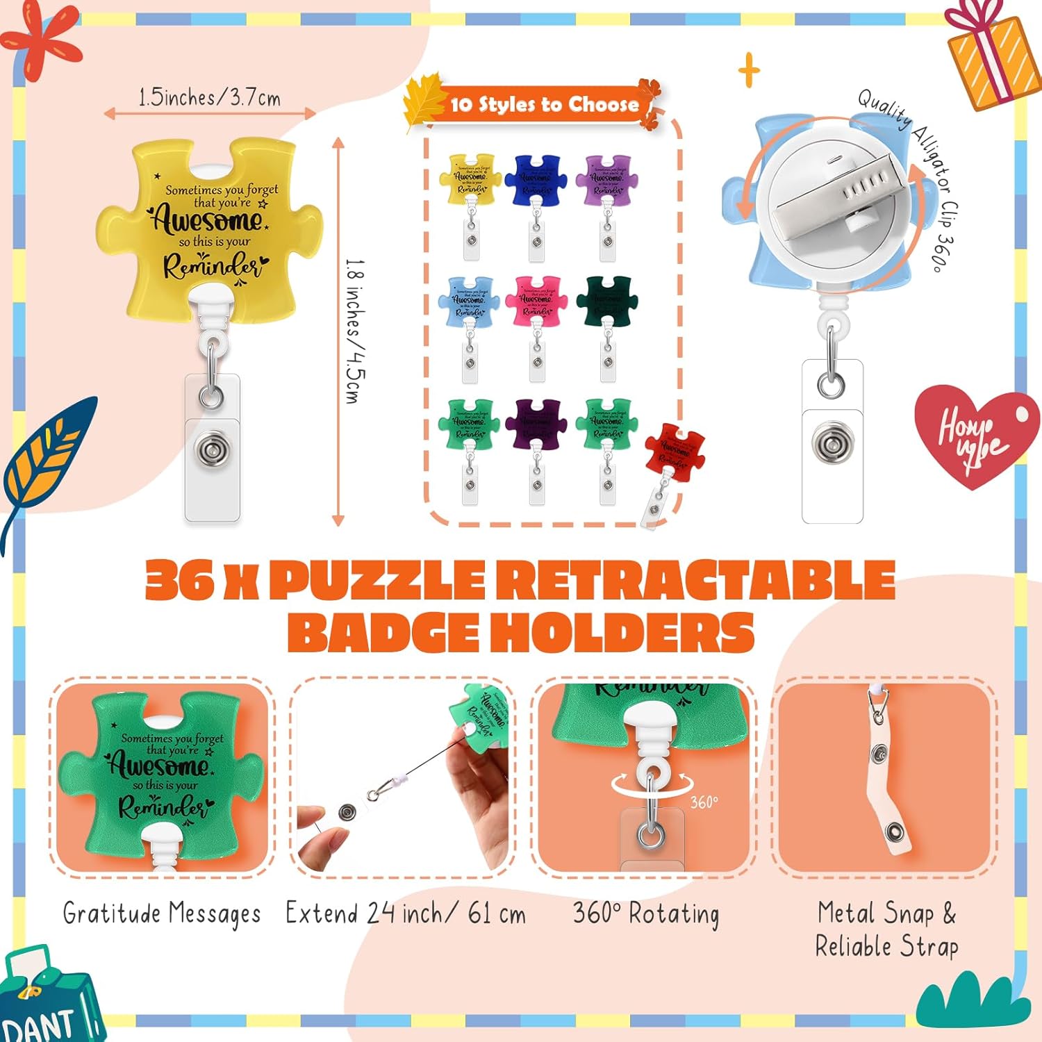 ReliThick 36 Set Employee Appreciation Gifts Bulk, Puzzle Badge Reel Set with Thank You Cards, Retractable ID Badge Holder for Nurse Teacher Staff Team Office Hospital School (Awesome Remider)