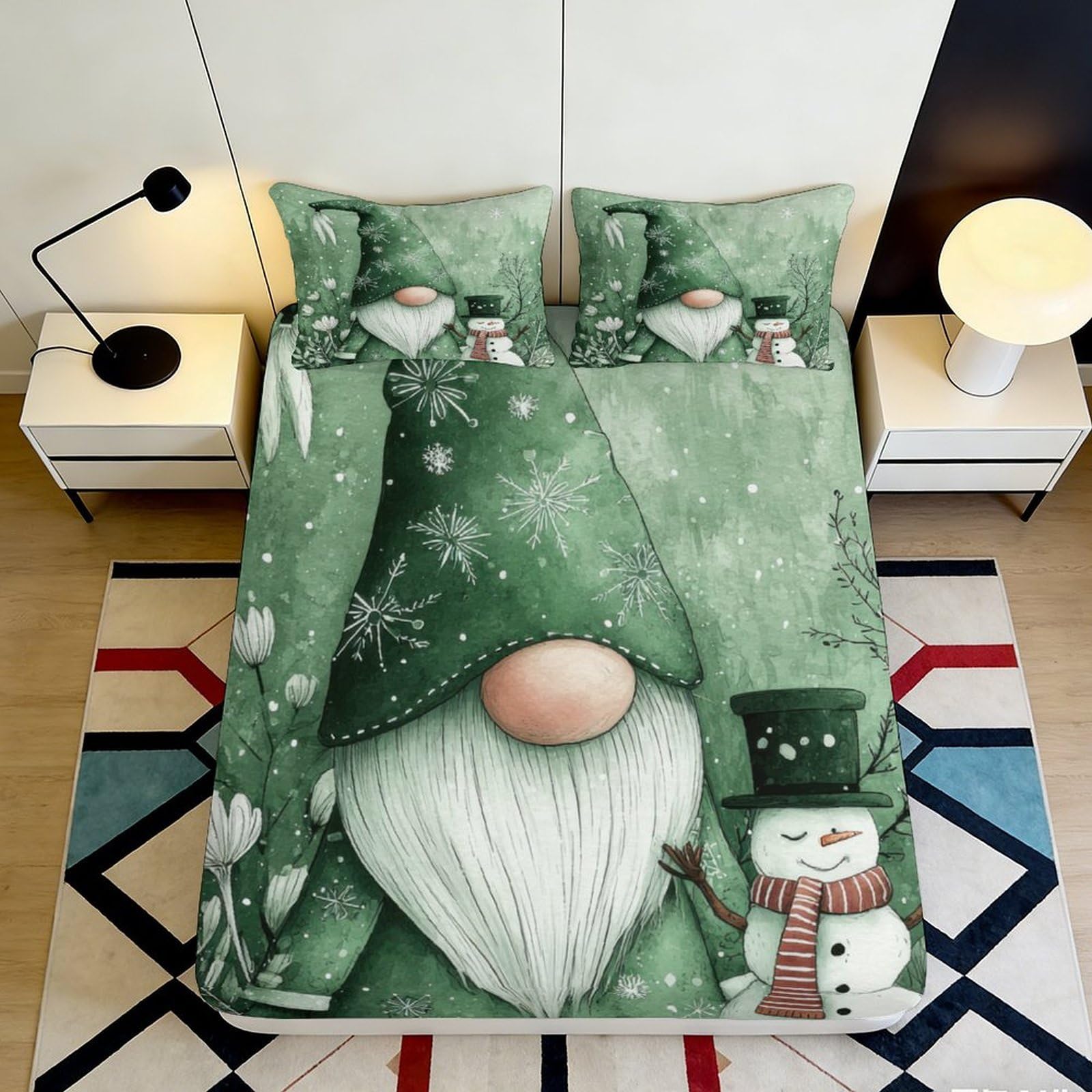 3D Printed Christmas Gnome Fitted Sheet Microfiber Soft Warm Snowflake Bed Cover for Bedroom Dormitory Guest Room Mattress Protection 120x200x25cm