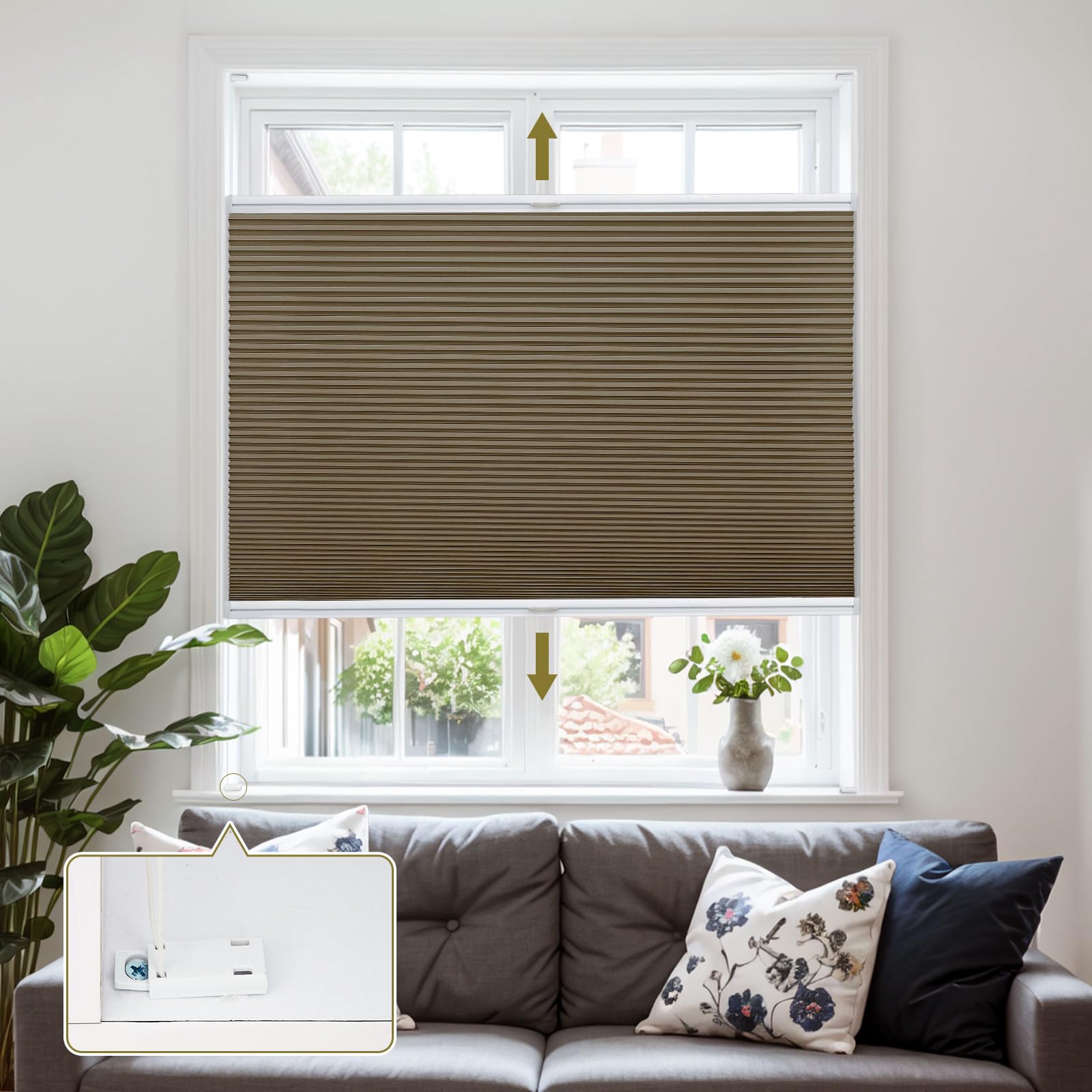 Moonice Cordless Honeycomb Pleated Blinds Blackout Top Down Bottom Up Cellular Blinds Easy Fit Install Inward-Opening Window Shades Heat Insulation Shades for Home Coffee, Custom Size