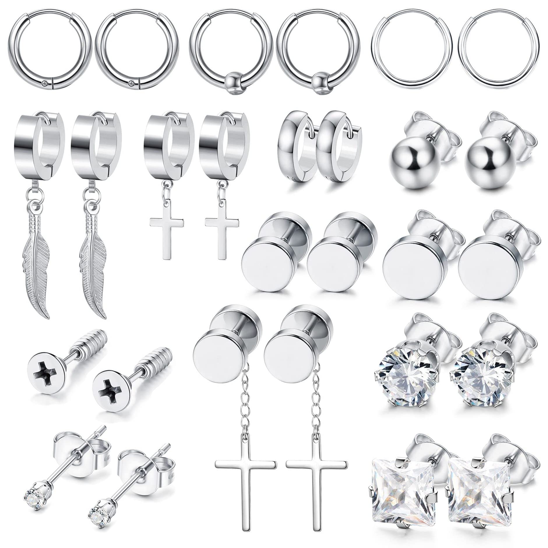 YADOCA 10-20 Pares Pendientes Hombre Acero Inoxidable 316L Pendientes de Aro Pendientes Colgantes Cruzados Hipoalergénicos Pendientes Kpop de Cadena Larga Plata Negro