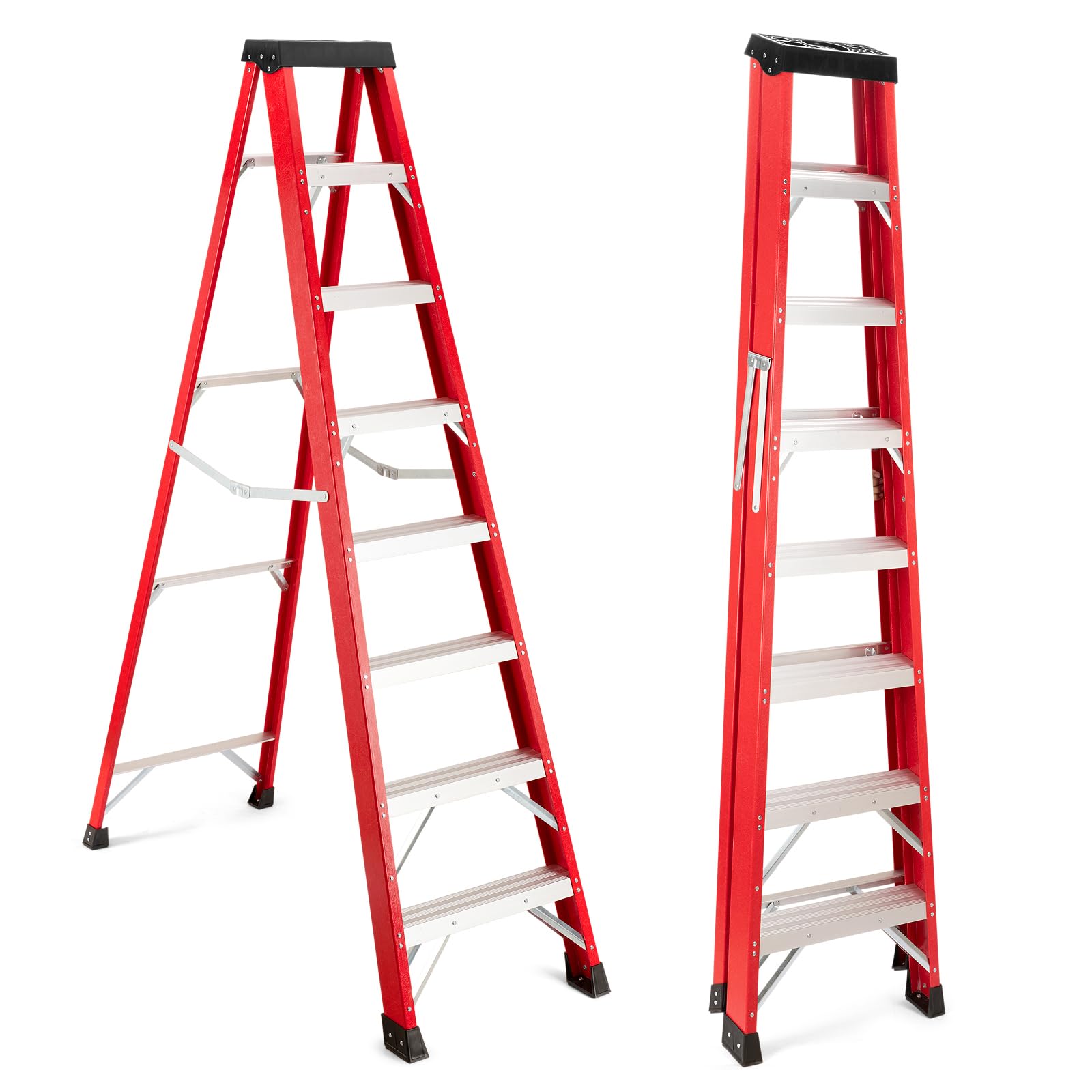 8-Foot Fiberglass Platform Step Ladder, 500 Lbs Capacity, Type IA Non-Conductive Heavy Duty Folding Ladder with Tool Tray, Non-Slip Rubber Feet, for Home, Jobsite &amp; Work