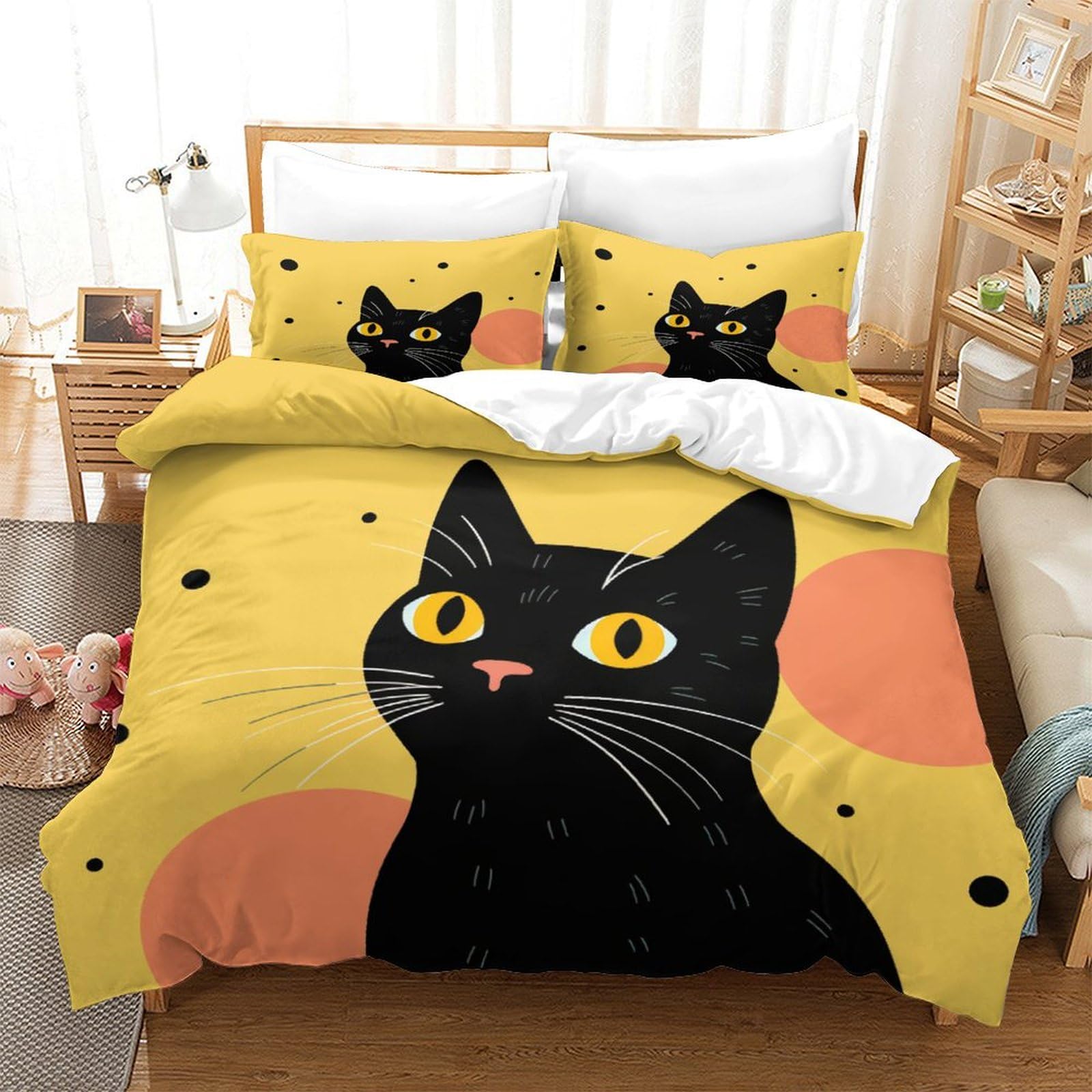 P1S9U7W5Y 3D Printed Cartoon Black Cat 3pcs Microfiber Duvet Cover Set Cat Bedding Set King
