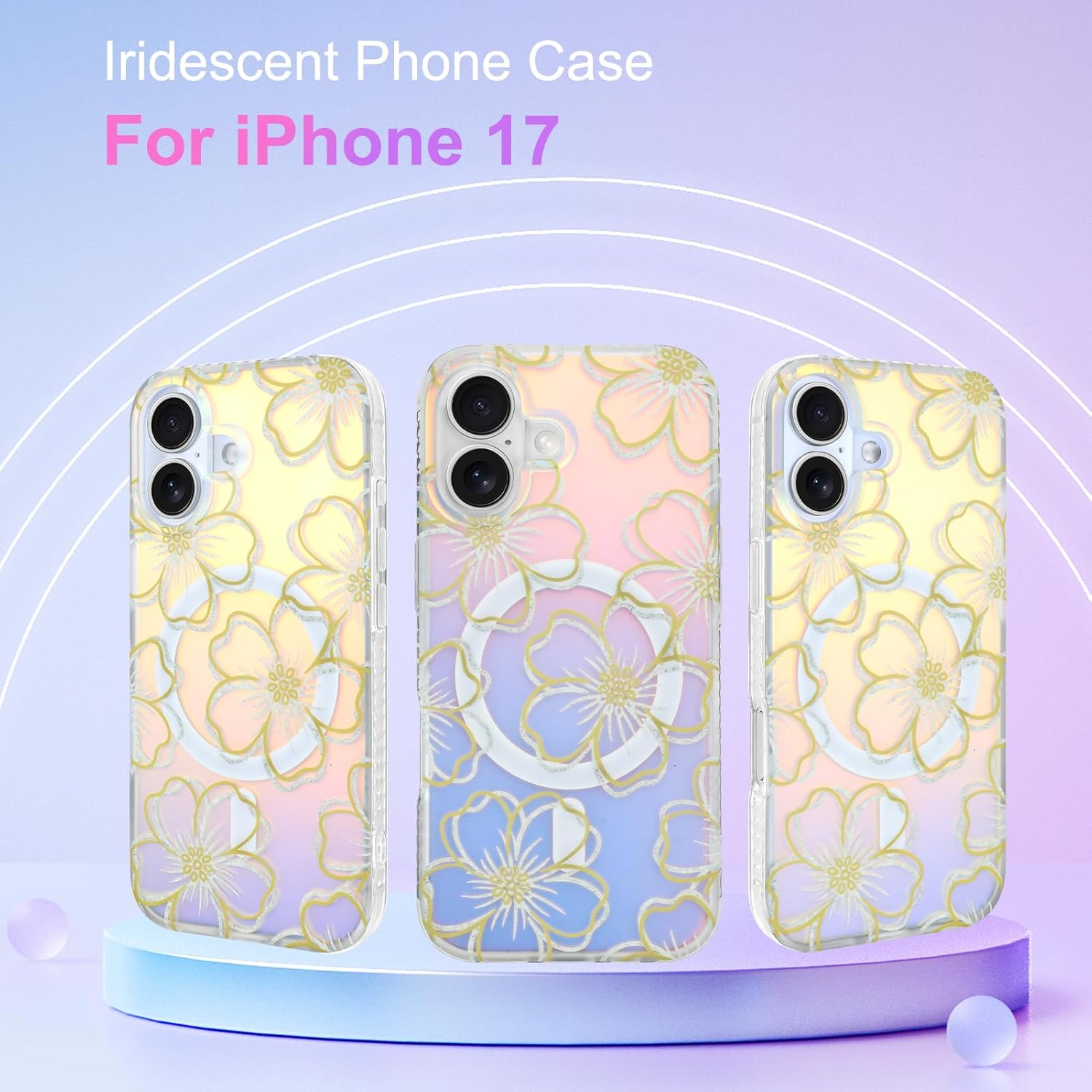 Iridescent Floral Case for iPhone 17, Compatible with MagSafe, Cute Flower Glitter Shiny Laser Design, Shockproof Protective Phone Cover for Women Girls, Line Flower