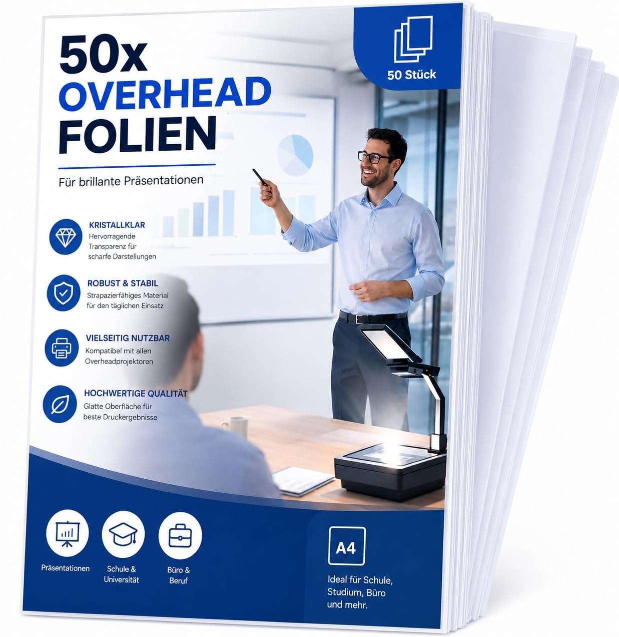 50 x folia ochronna przezroczysta DIN A4 – bardzo gruba folia OHP do kopiarki i kopiarki, drukarka laserowa z wysokiej jakości nadrukiem i jakością projekcji