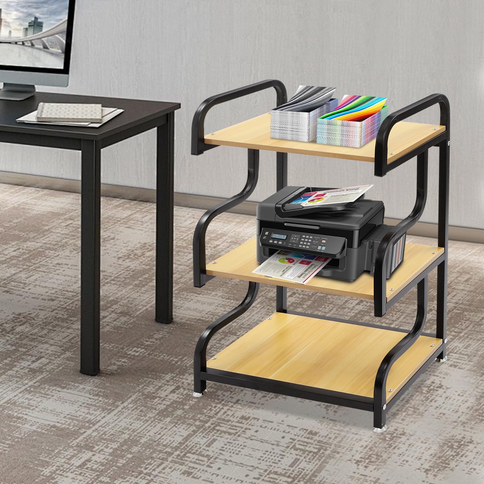 3-stufiger Druckerständer mit Ablage, Robustes Druckerregal, 60x40x94cm Standregal für Büro & Home Office, Hohe Tragfähigkeit bis 20kg pro Ebene, Schwarz