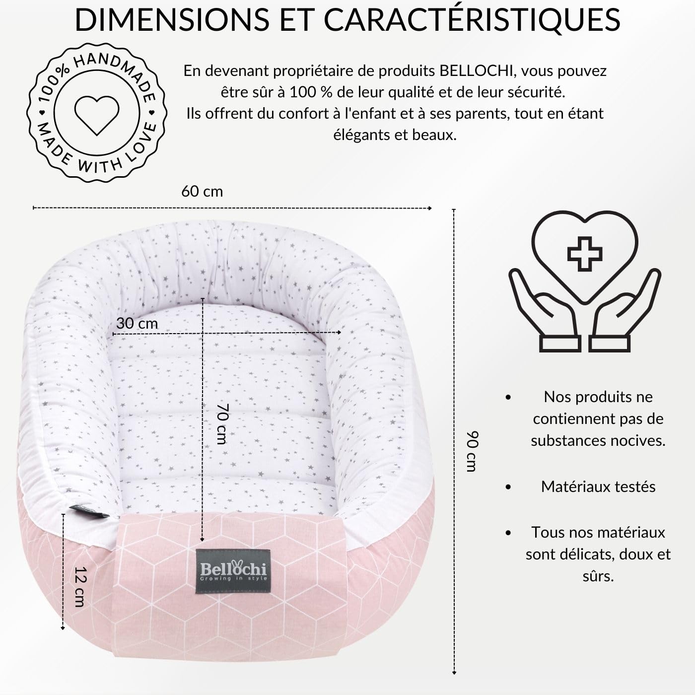 Bellochi Reducteur de Lit Bebe, Cale Bebe pour Lit, Cocon Bebe - 100% Coton, Oeko-TEX, 0-12 Mois - Nid de Bebe, Baby Nest - 90 x 60 cm - Aurora