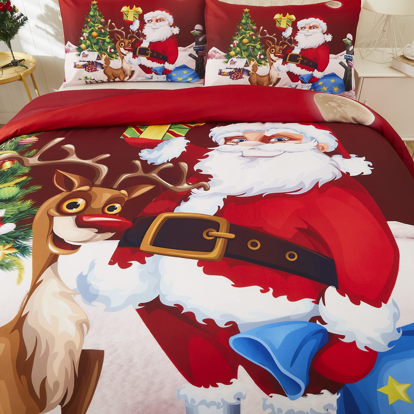 HMtideby Copripiumino Natalizio King Size 240x220cm, Set Biancheria da Letto Copripiumino Natalizio Modello Satus, Copripiumino Rosso per Decorazioni di Capodanno