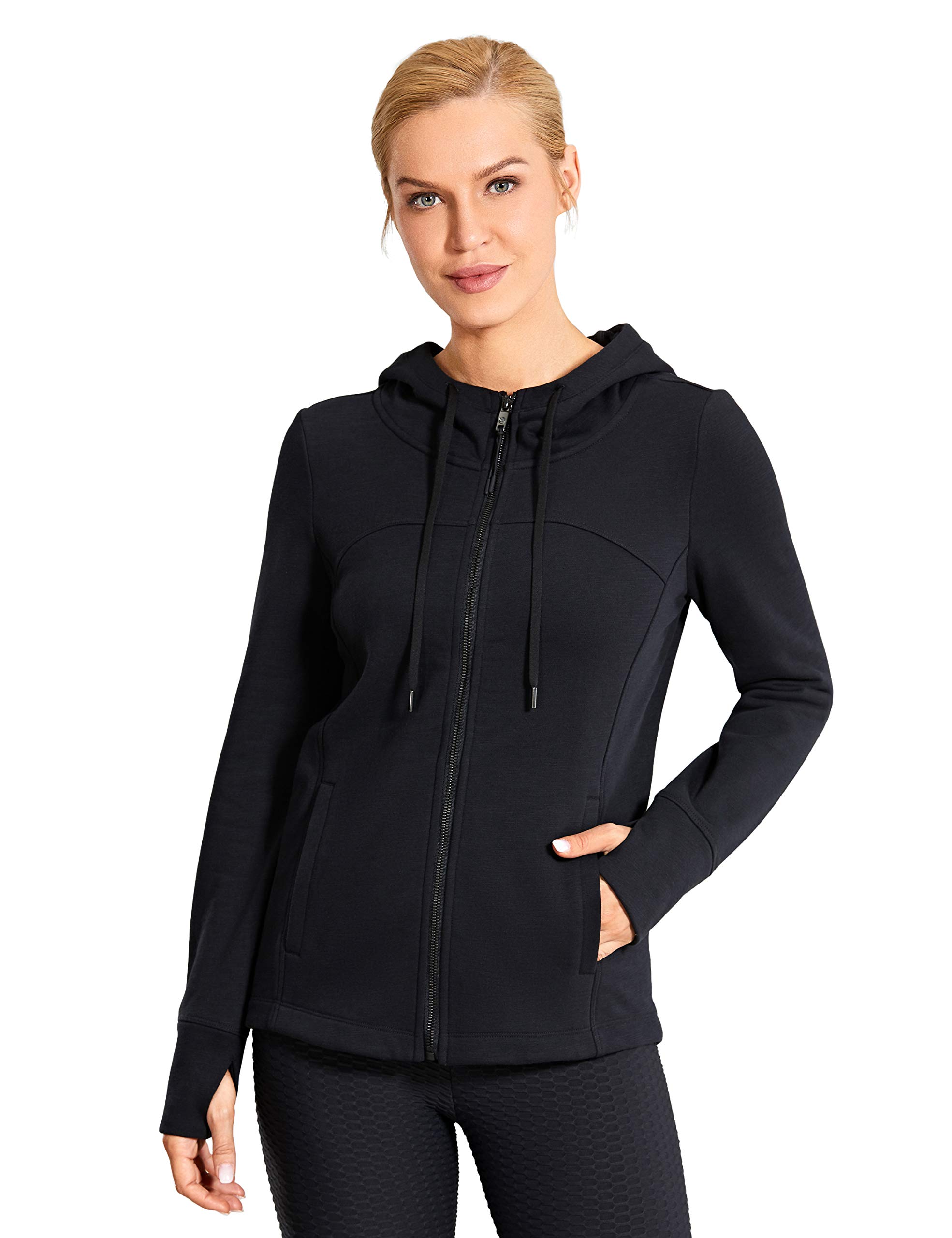CRZ YOGA Women's Cotton Hoodies Full Zip Running Track Jacket Sweatshirt with Thumbholes