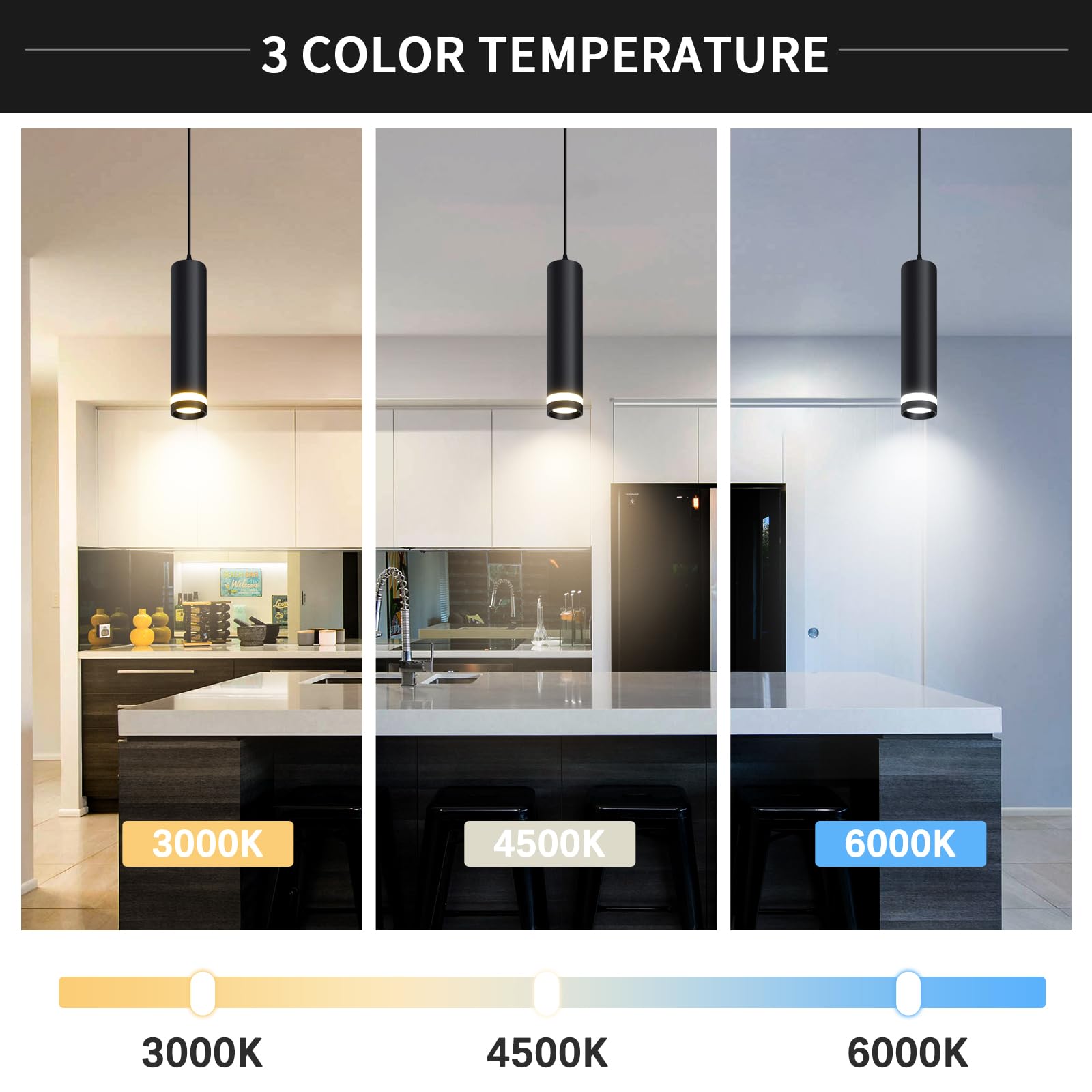 OKELI Modern Pendant Lights, Black LED Pendant Lights Fixtures,3 Color Pendant Lighting for Kitchen Island, Bar,12W,3000K-6000K Selectable,ETL