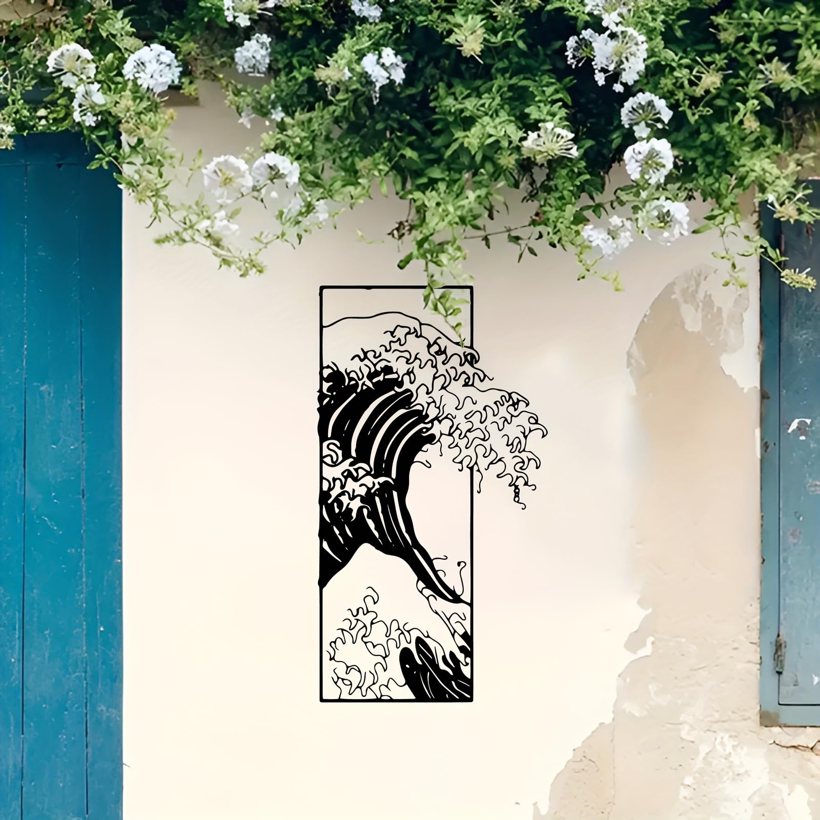 Decoración de pared abstracta contemporánea de metal La Gran Ola de Kanagawa - Mural de estatua de hierro estilo Hokusai, temática costera para interiores/exteriores, regalo único de Navidad y pa