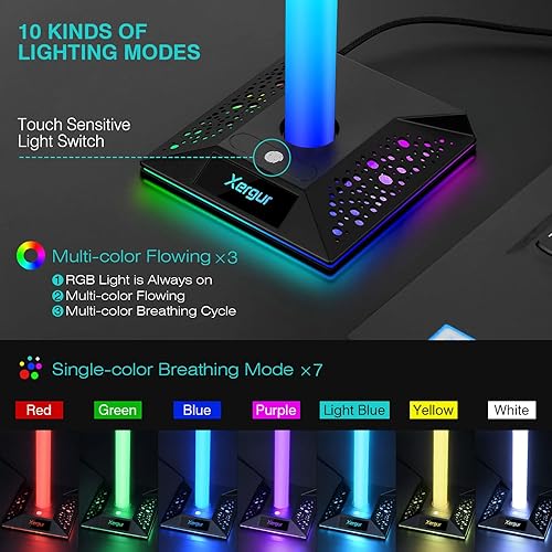 Miniatura 3 de XERGUR Soporte para auriculares RGB para videojuegos, soporte para auriculares con AUX de 0.138in y 2 puertos USB, base para colgar auriculares para