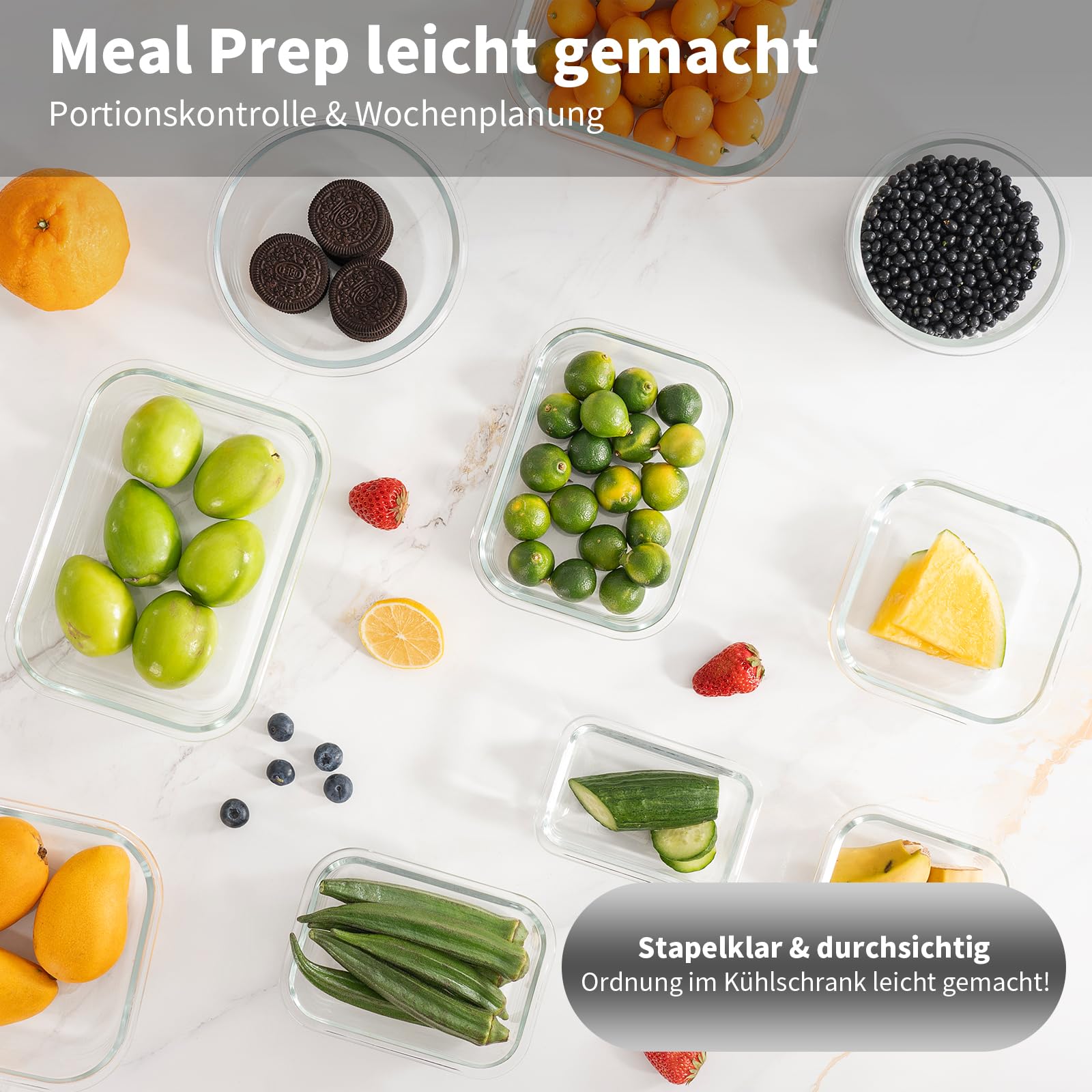 Meal Prep Cajas de cristal, tarros de cristal con tapa, juego de recipientes herméticos con tapa a prueba de fugas, para microondas, congelador y fregadero, 15 unidades, color blanco