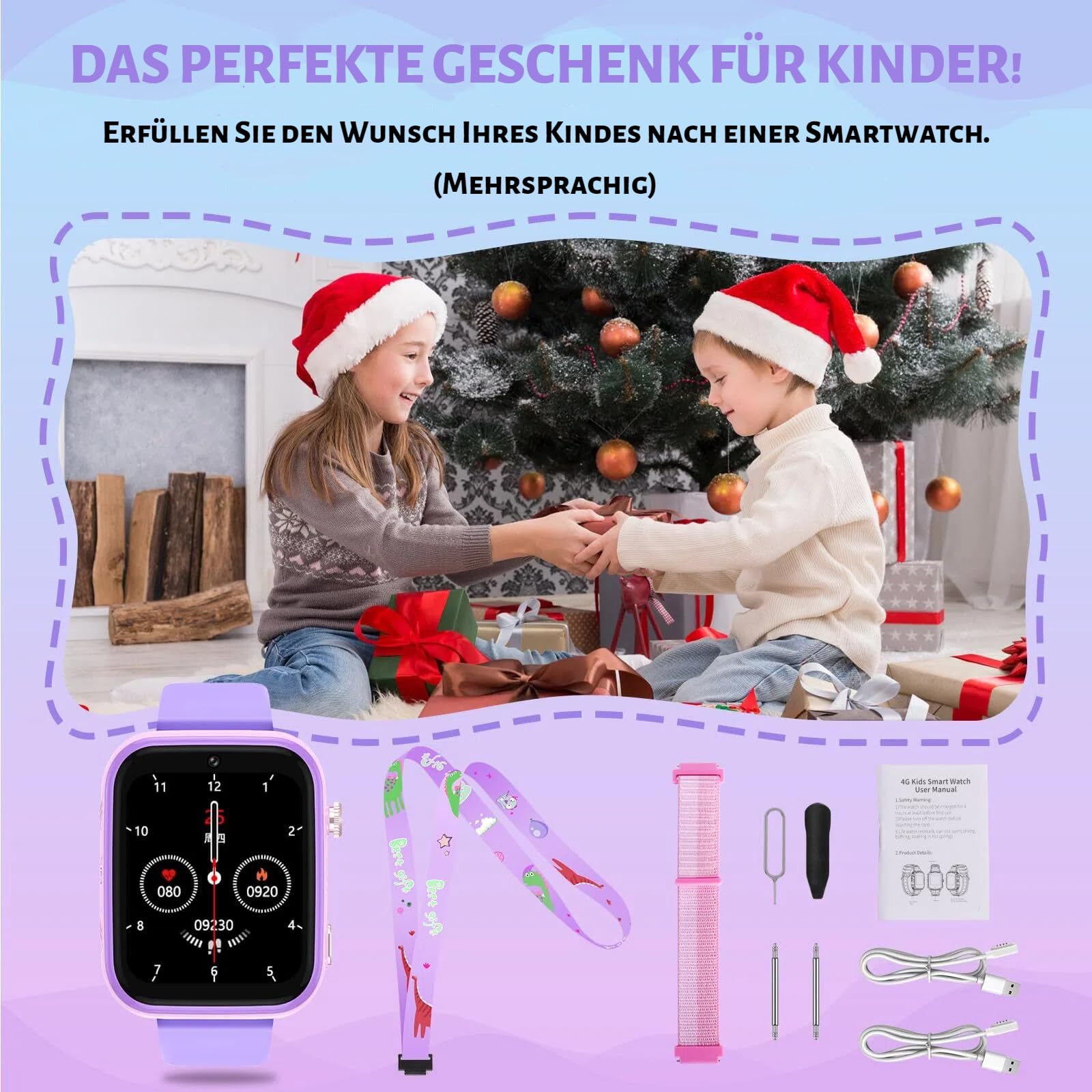 OKYUK Smartwatch dziecięcy 4G z trackerem GPS, dwukierunkowe połączenia, SOS, smartwatch z wieloma stylami pulpitu do wyboru dla 6-12 chłopców i dziewczynek (fioletowy)