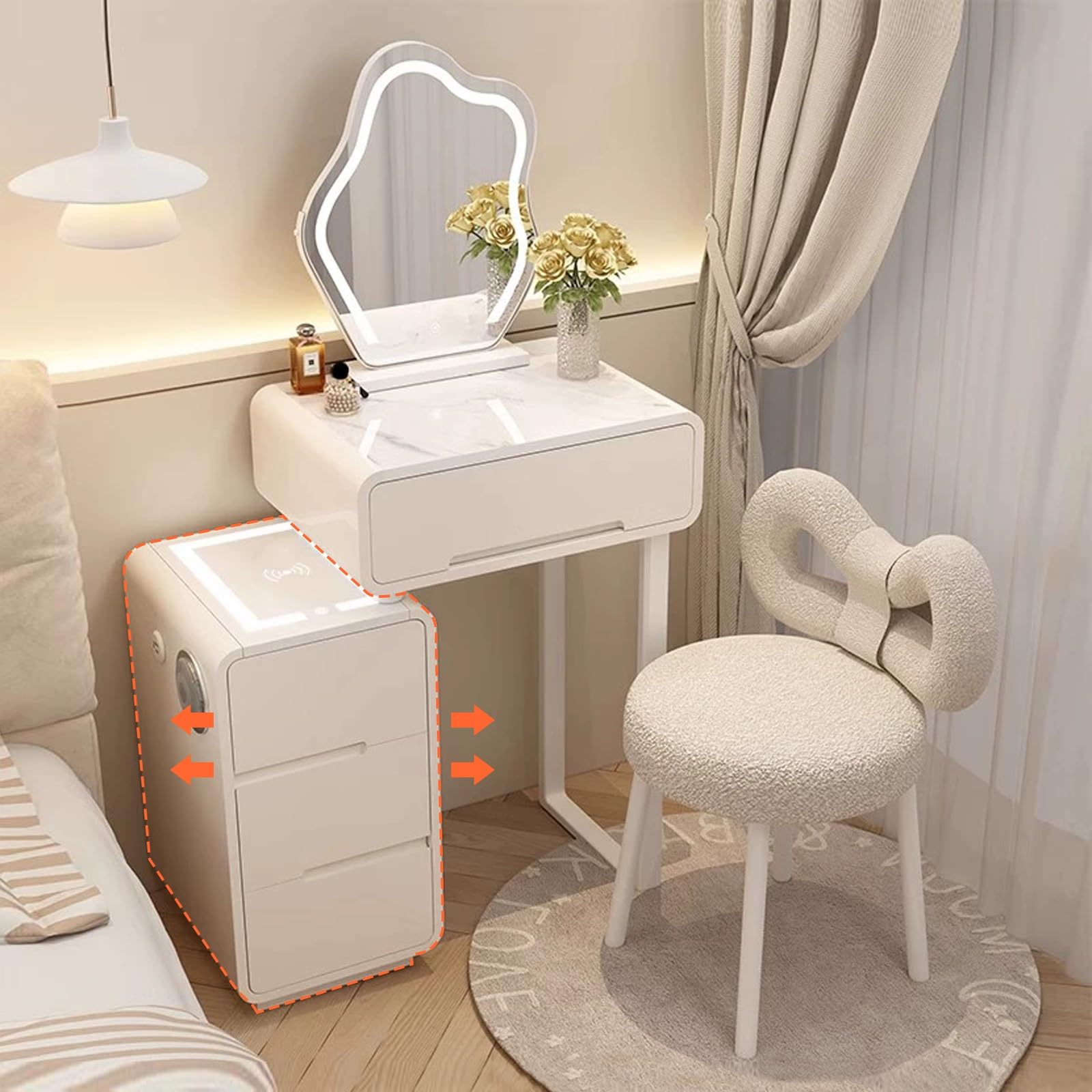 Smart Makeup Vanity Set con specchio illuminato a LED, tavolo allungabile e sgabello imbottito in legno massello, 50 cm, perfetto per gli amanti della bellezza