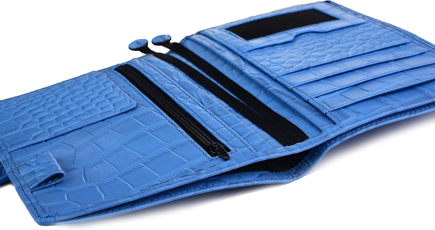 Genuine Leather a6 Planner Cover with Pen Loop Card Slots Zipper Pockets, Personal Organizer Cover, Compatible with Most A6 size Planners notebooks (Crocodile-Light Blue)