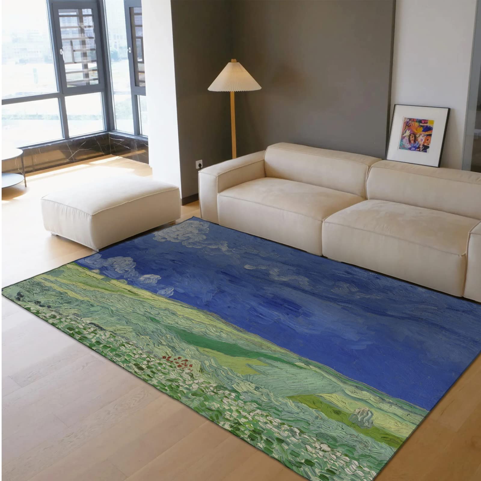 Dutch Impressionist Art Malerei Fläche Teppiche Grünes Grasland und Blauer Himmel Kunst Türmatte Outdoor Rutschfester Weißer Wolkenteppich für Hauseingangsästhetik 180x200cm