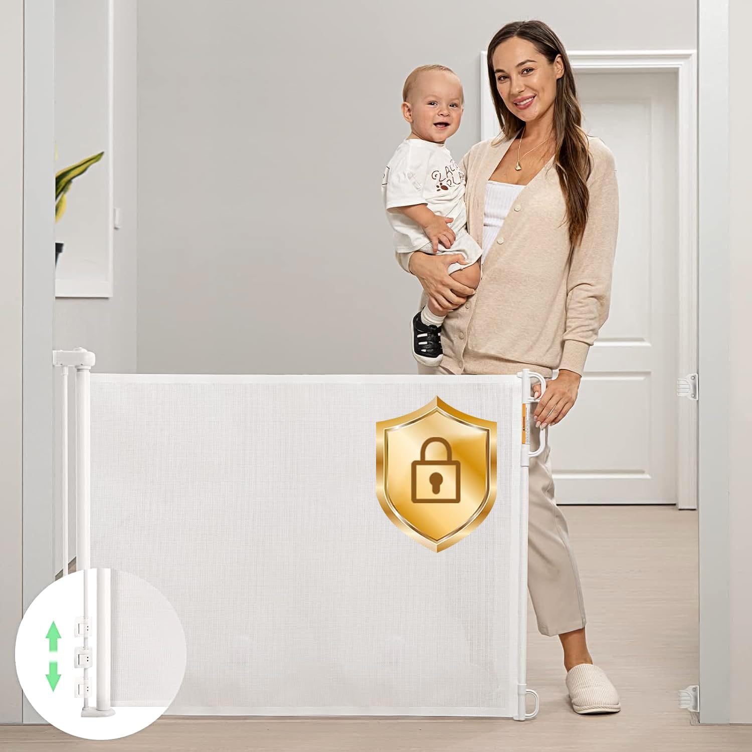 Retractable Baby Gate, Momcozy Mesh Baby Gate or Mesh Dog Gate, 33" Tall,Extends up to 55" Wide, Child Safety Gate for Doorways, Stairs, Hallways, Indoor/Outdoor White 33" Tall x 55" Wide