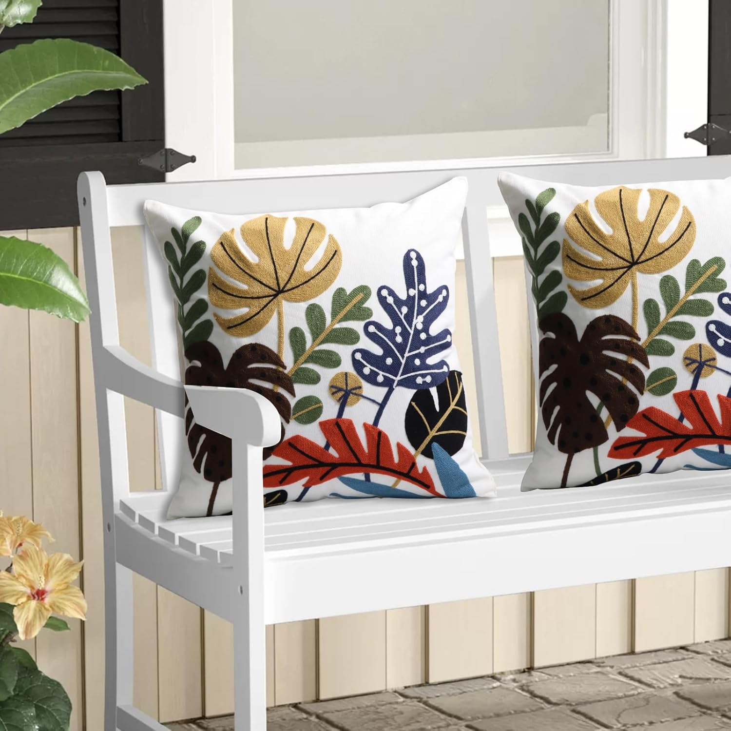 Pack of 2 Embroidered Throw Pillows Cover 18x18 Inch Decorative Pillowcase for Living Room Sofa Bed (Tropical Leaves)