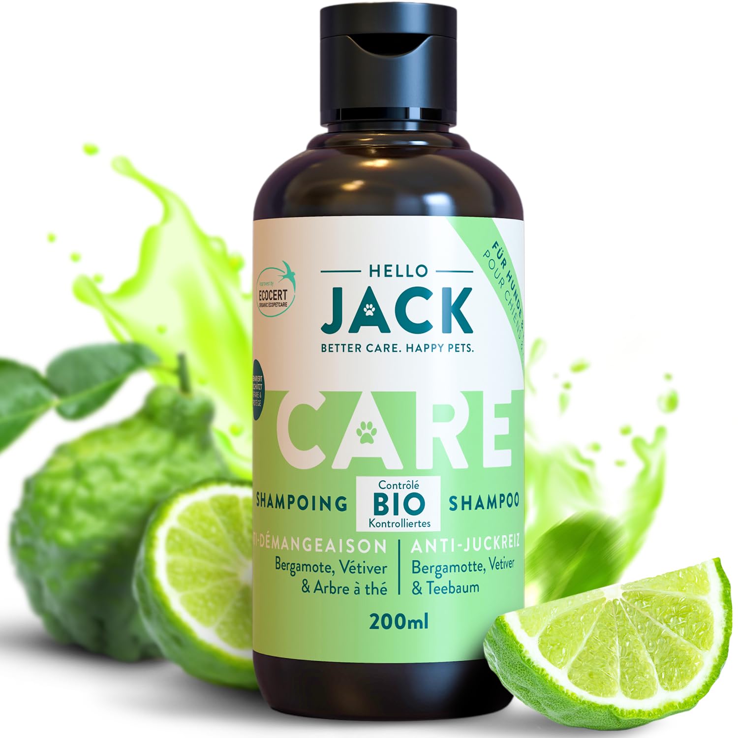 Hello Jack Champu Perro Antipicazón Natural - Champú Alivio Rápido para Piel Sensible con Aceite de Árbol de Té - Shampoo para Perros para Todo Tipo de Razas
