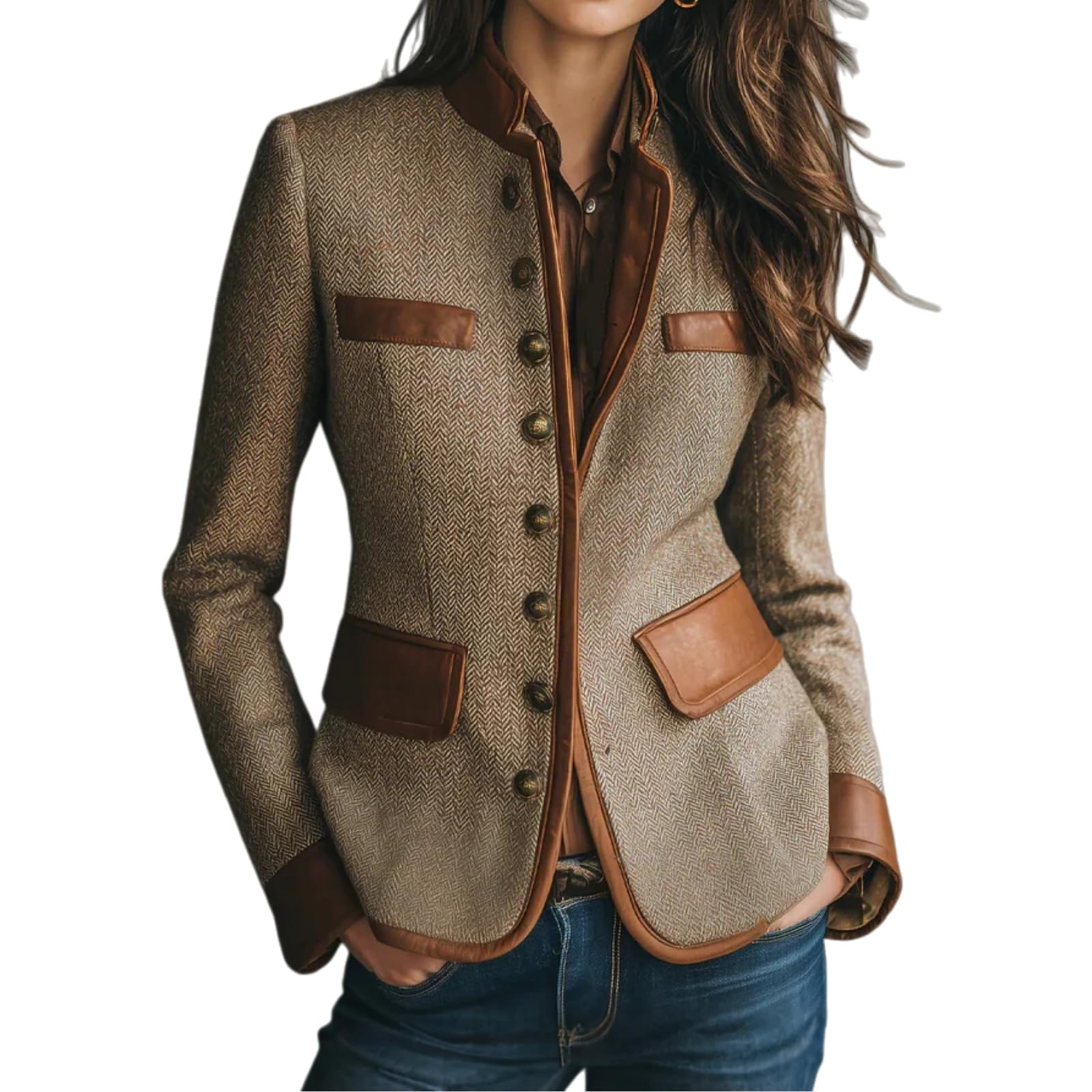 Vintage Tweed Blazers for Women Fall Slim Fit Cropped Color Blocking Jacket Eco Leather Trim Pocket Business Leather