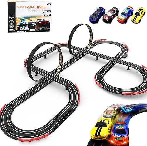 Slot Racing Car Track Sets de pistas de carreras eléctricas de 28 pies para niños y niños, carreras dobles con 4 autos de alta velocidad y 2