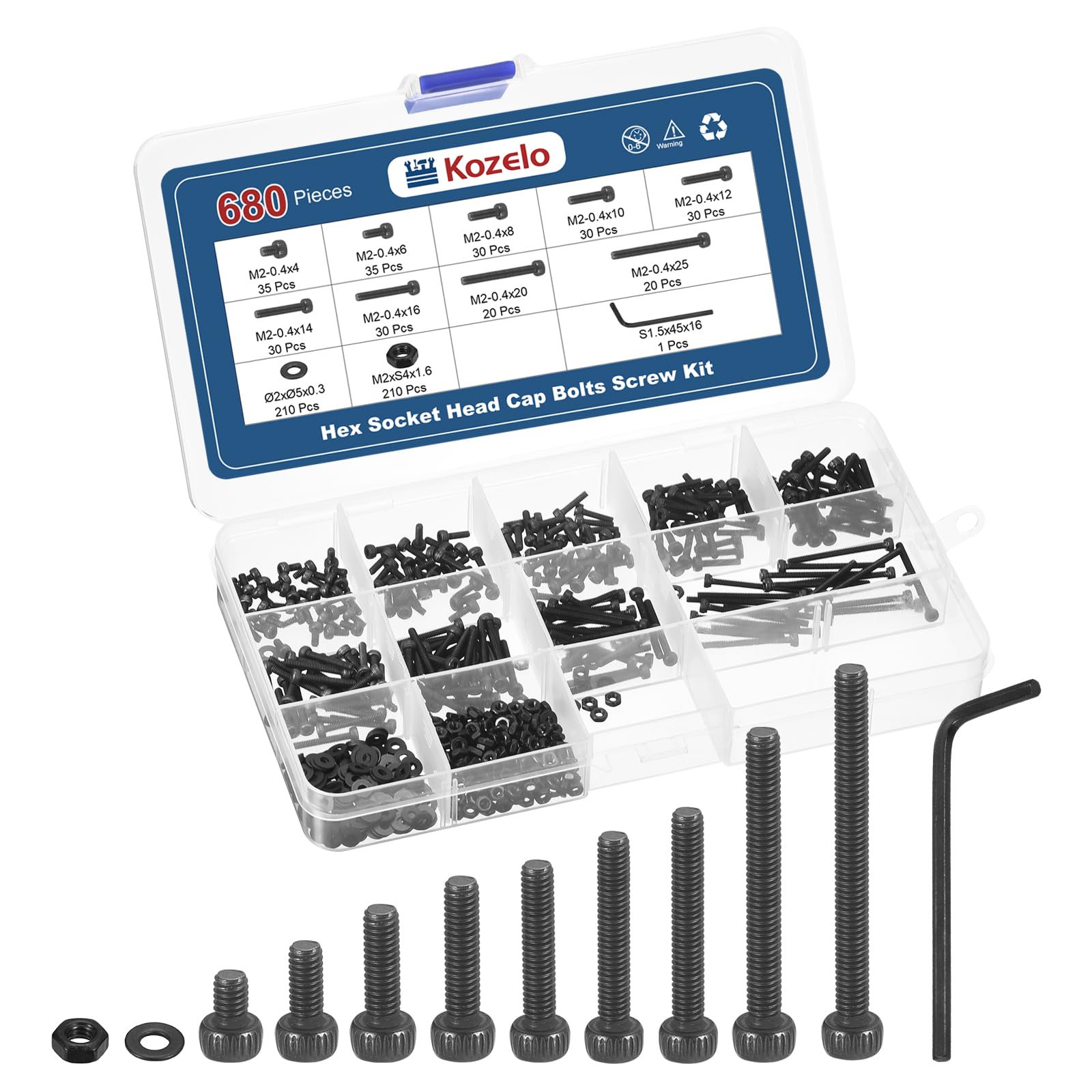 Kozelo 680pcs M2 Socket Head Cap Screws Bolts Nuts Assortment Kit - [M2x4/6/8/10/12/14/16/20/25mm] Alloy Steel Black Oxide 12.9 Internal Hex Screw for