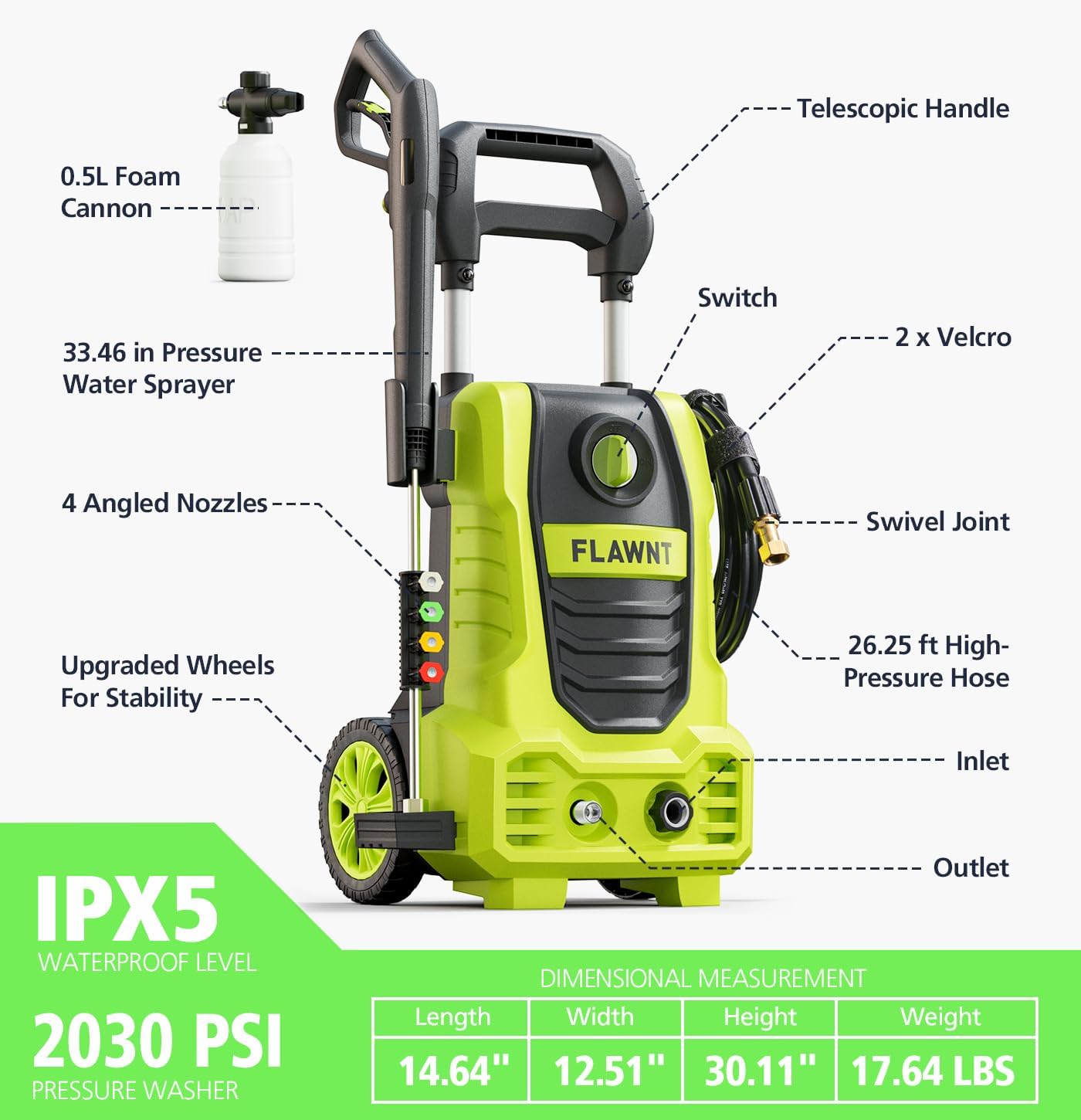 Electric Pressure Washer, 26 FT Hose Pressure Cleaner 2030 PSI with 4 Nozzles Tips,Surface Cleaning with Upgraded Swivel Joint for Car/Fences/Patios/Daily Needed Light Green