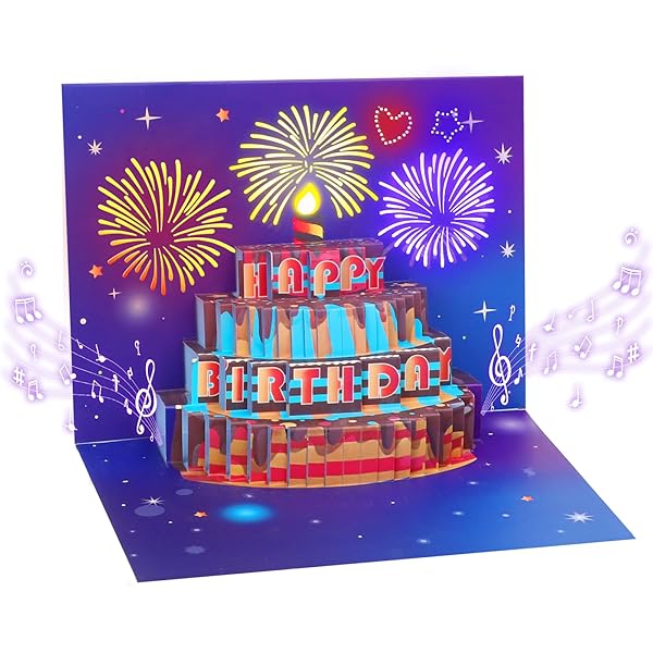 Omgpeike Musical Birthday Card,3D Pop-Up Greeting Card with Fireworks, LED Lights & Sound, Unique Birthday Gift for Mom, Dad, Friends, Kids