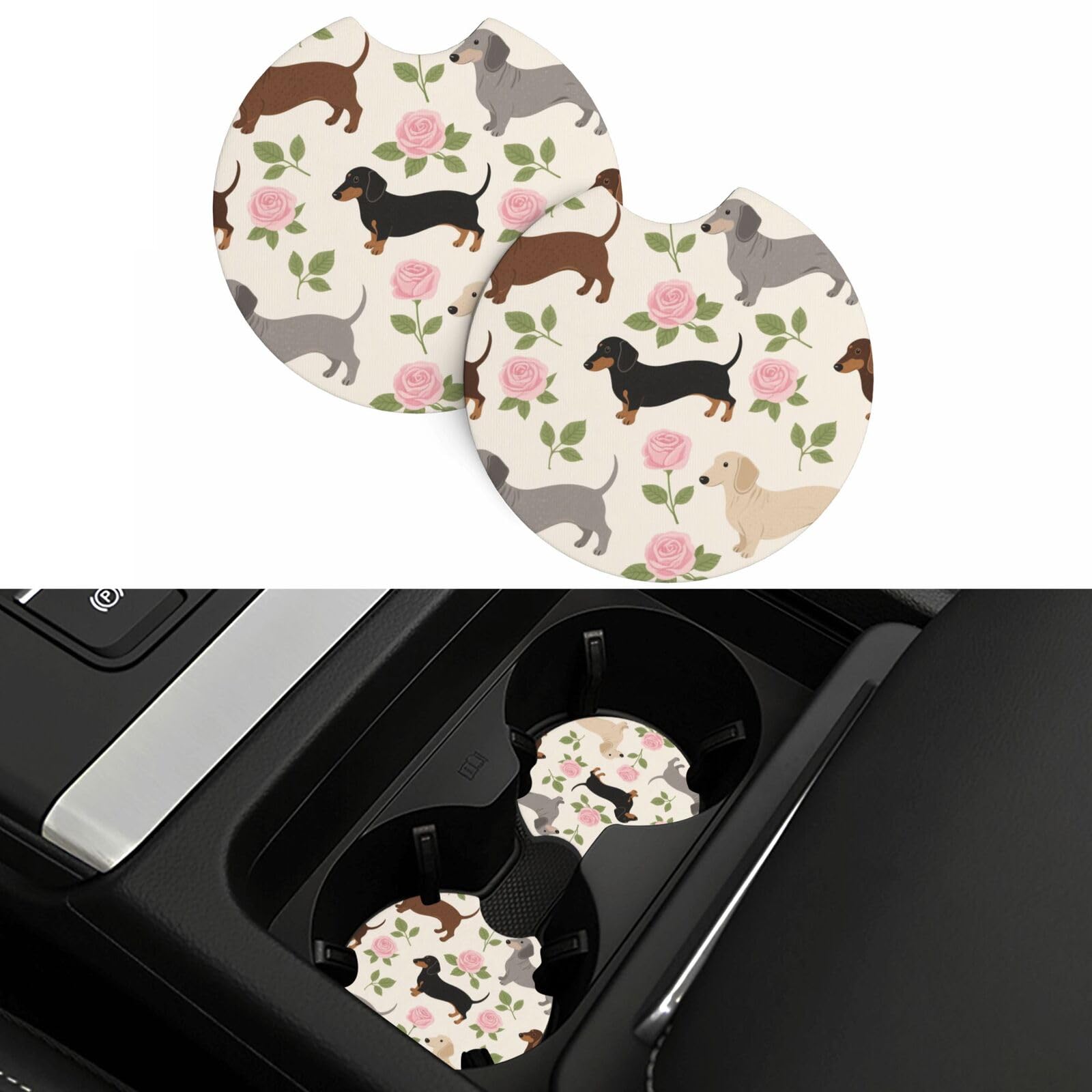 2 Pack Car Coasters,2.7" Universal Car Cup Holder Coasters Non-Slip Neoprene Cup Pad Mat Coaster Car Interior Accessories for Women Men Dachshund Floral