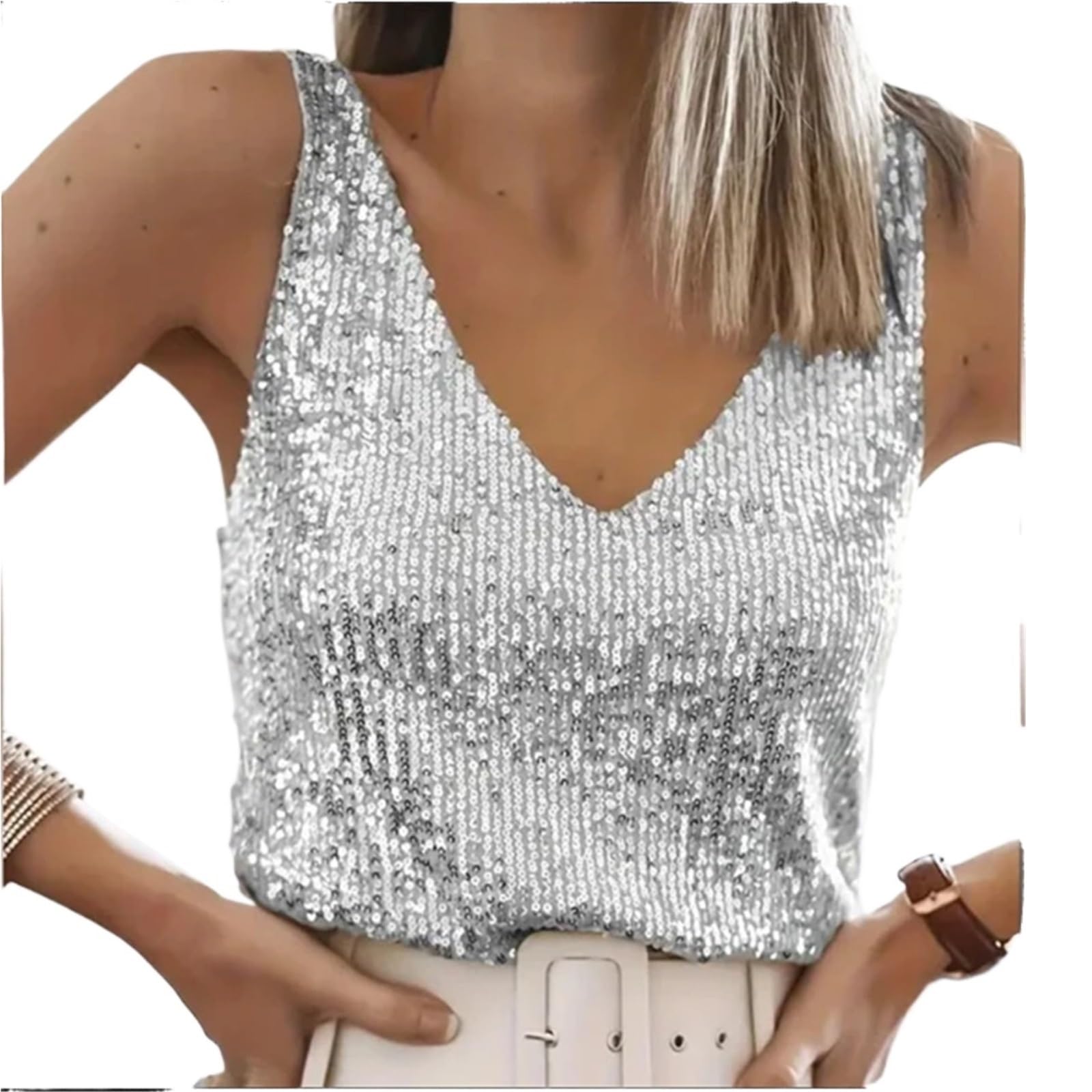 Top con Paillettes Gilet Sexy con Scollo a V e Paillettes, da Donna, Estivo, Leggero e maturo