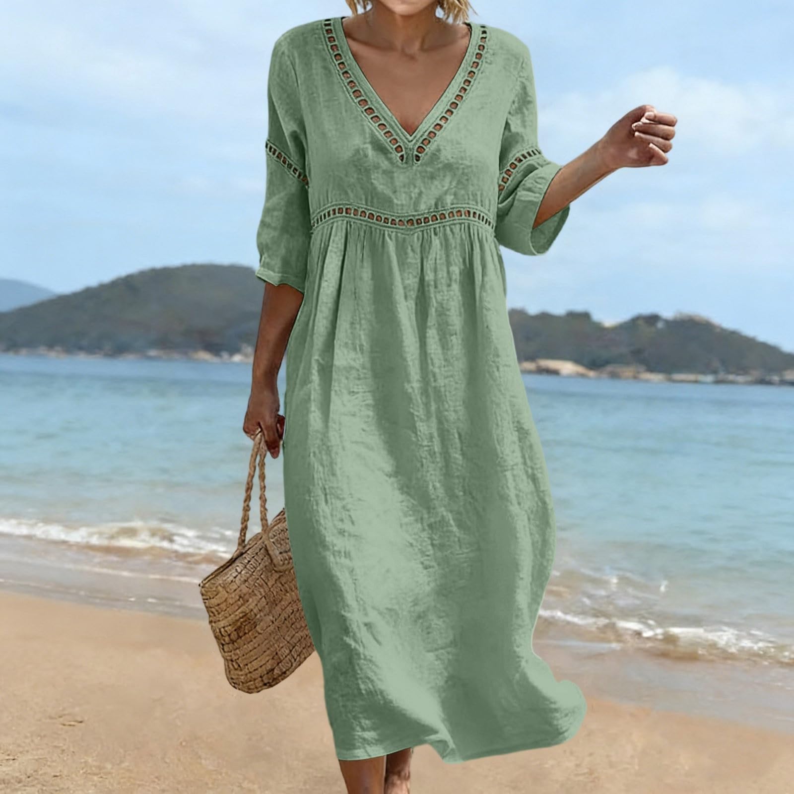 Damen Musselin Kleid Sommer V-Ausschnitt Luftige Midikleid Lockeres Midikleider Leicht Und Luftig Sommerkleid Sommer Musselinkleid Elegant Sommerkleider Midi Bohemian Style Hauskleid