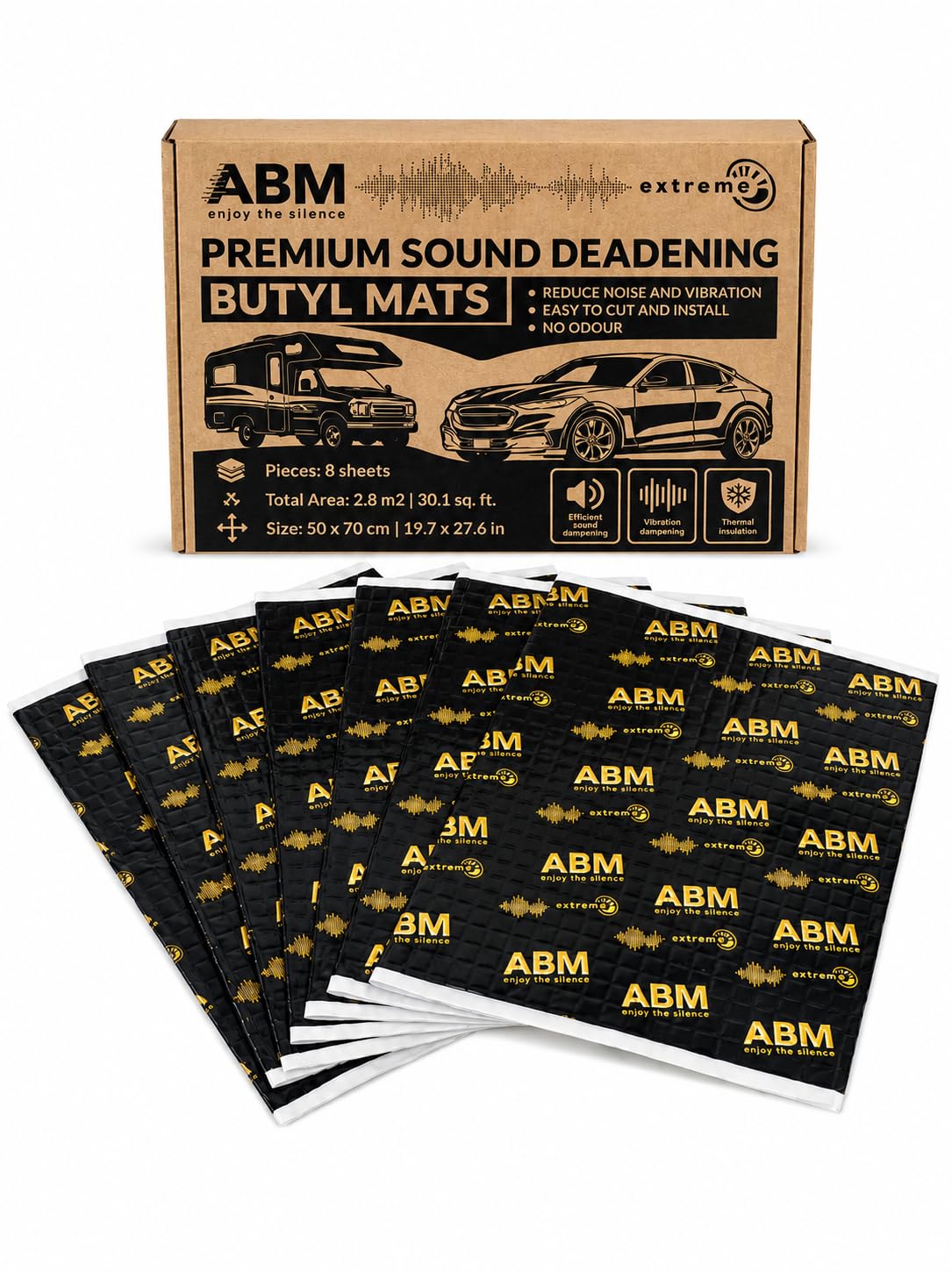 ABM Extreme mata tłumiąca dźwięk butylowy 2,0 mm, 50 x 70 cm (8 arkuszy = 2,8 m²), izolacja akustyczna i cieplna do samochodów osobowych, dostawczych, kamperów