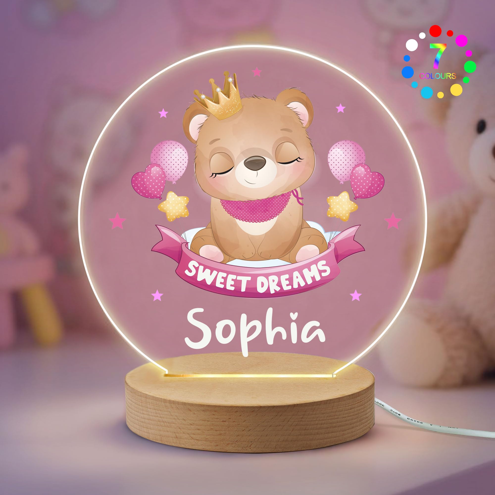 EDSG Personalised Night Light Gifts for Baby Nursery Custom 7 Colors Night Lamp Baby Gifts for Boys Girls Kids Toddler Daughter Niece Granddaughter Christmas Birthday Bedroom Decor (Pink-Bear)