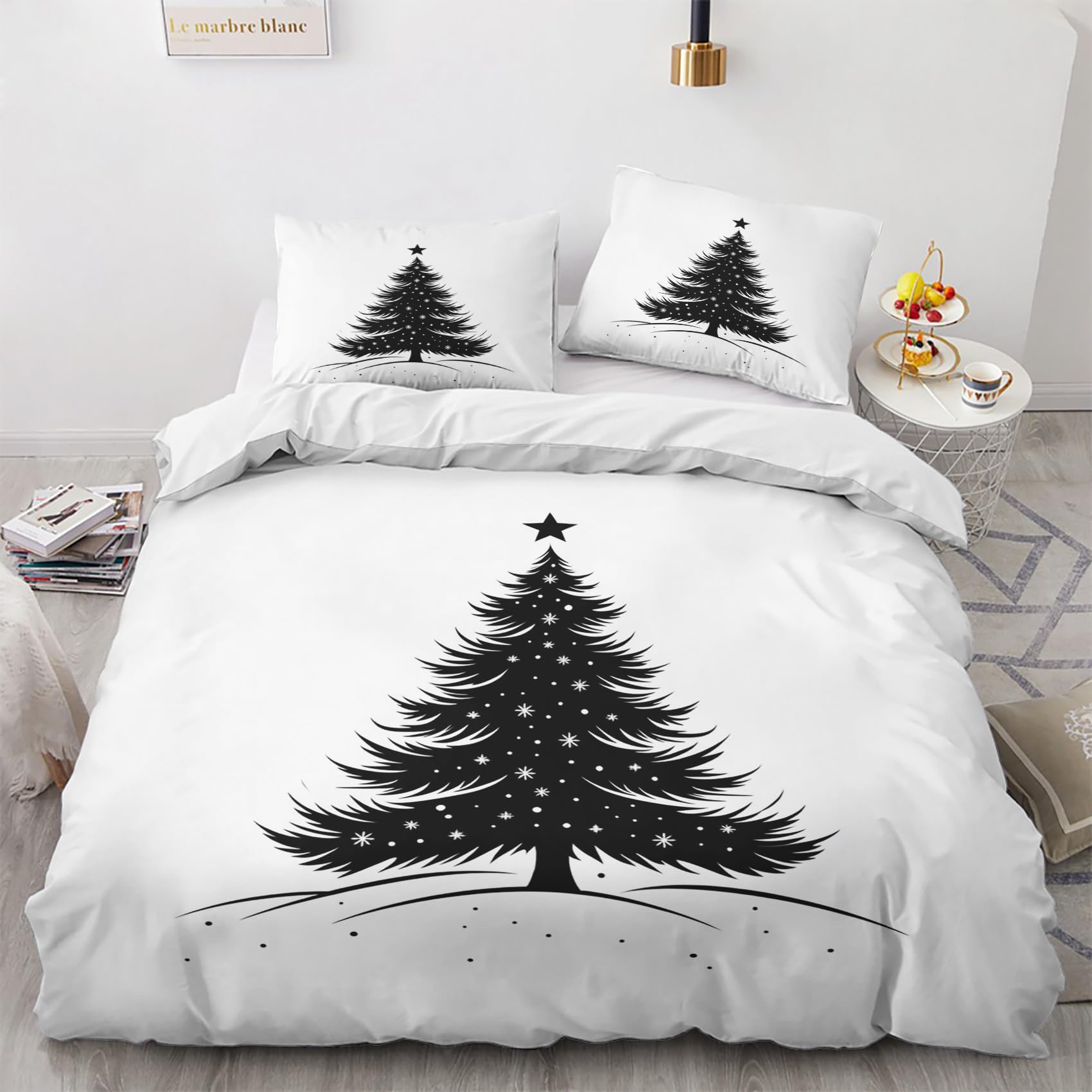 Christmas Tree Bedding Double - Christmas Tree Decor, Black and White Minimalist Duvet Cover, Soft Breathable Reversible Quilt Cover 200x200 cm and Pillowcases 50x75 cm, Bed Set with Zipper Closure U*