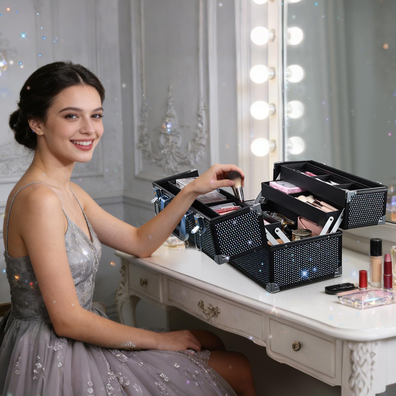 Joligrace Grande valigetta cosmetica, beauty case, trucco, multiuso, per parrucchiere, per il trasporto, con tracolla, Nero abbagliante