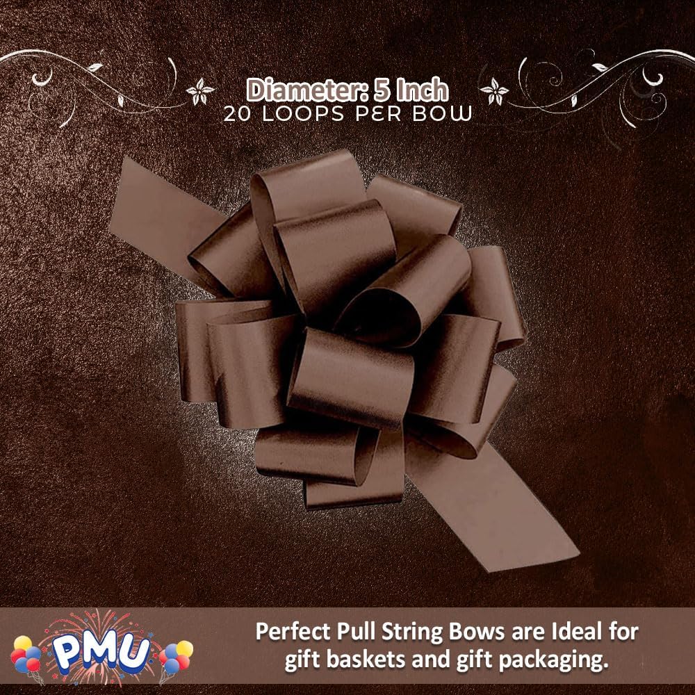 PMU Pull String Bows - Gift Bows for Wedding, Birthdays & Anniversaries - Ribbon Bows for Flowers & Basket Decoration - Large Bow for Gift Wrapping - 5 Inch 20 Loops Chocolate Brown- (50/pkg) Pkg/1
