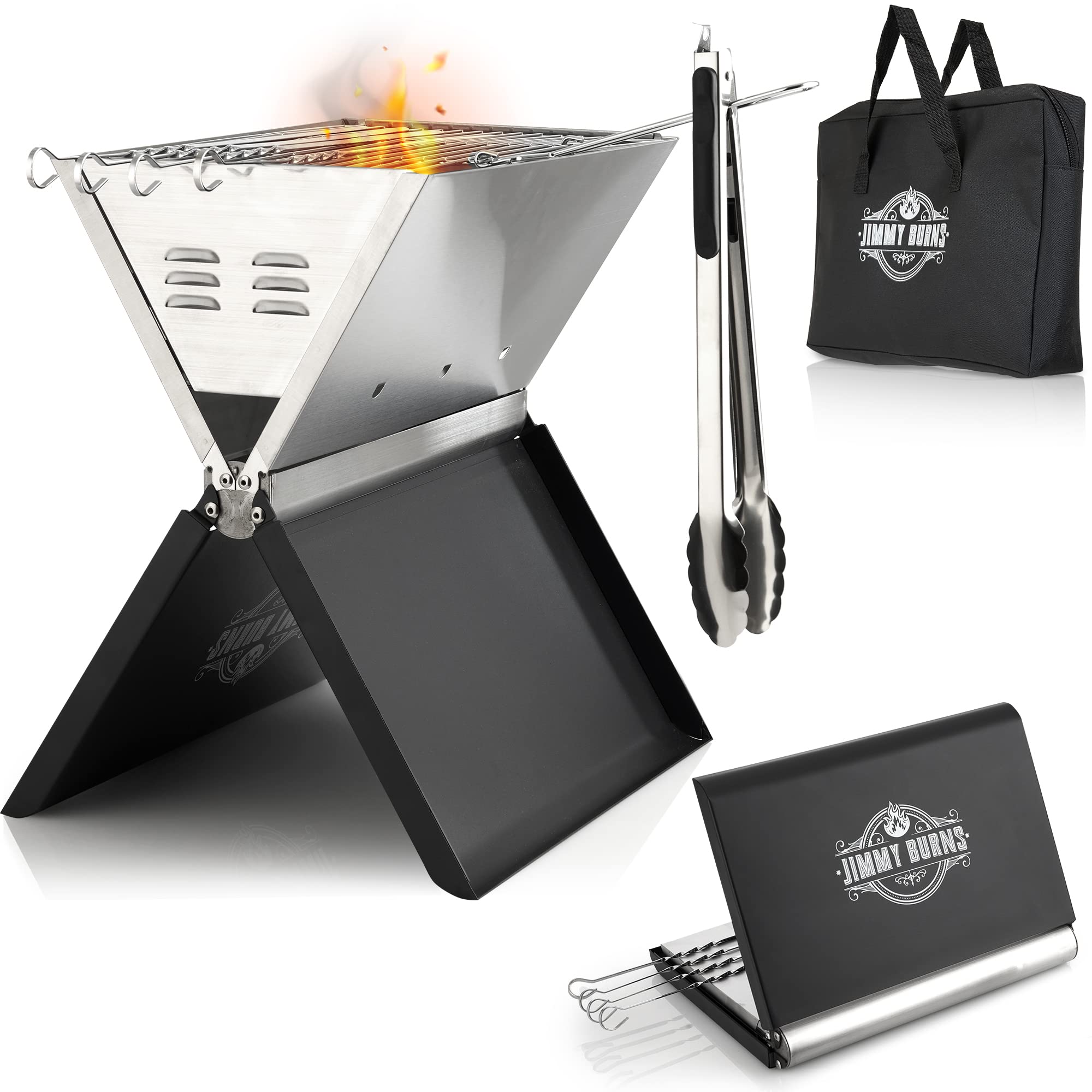 JIMMY BURNS Barbecue da campeggio a carbonella in acciaio inox,[Design Eyecatching Notebook Design],per 2-4 persone,Barbecue pieghevole compatto per campeggio, giardino,con accessori per barbecue
