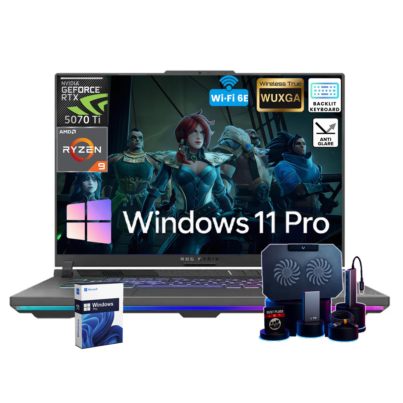 ASUS ROG Strix G16 Gaming Laptop • Dedicated GeForce RTX 5070 Ti • 16’’ WUXGA 300 nits Display • AMD Ryzen 9 8940HX • Backlit KB • AI Noise Cancellation • Win 11 Pro • Accessories • 64GB DDR5+1TB SSD